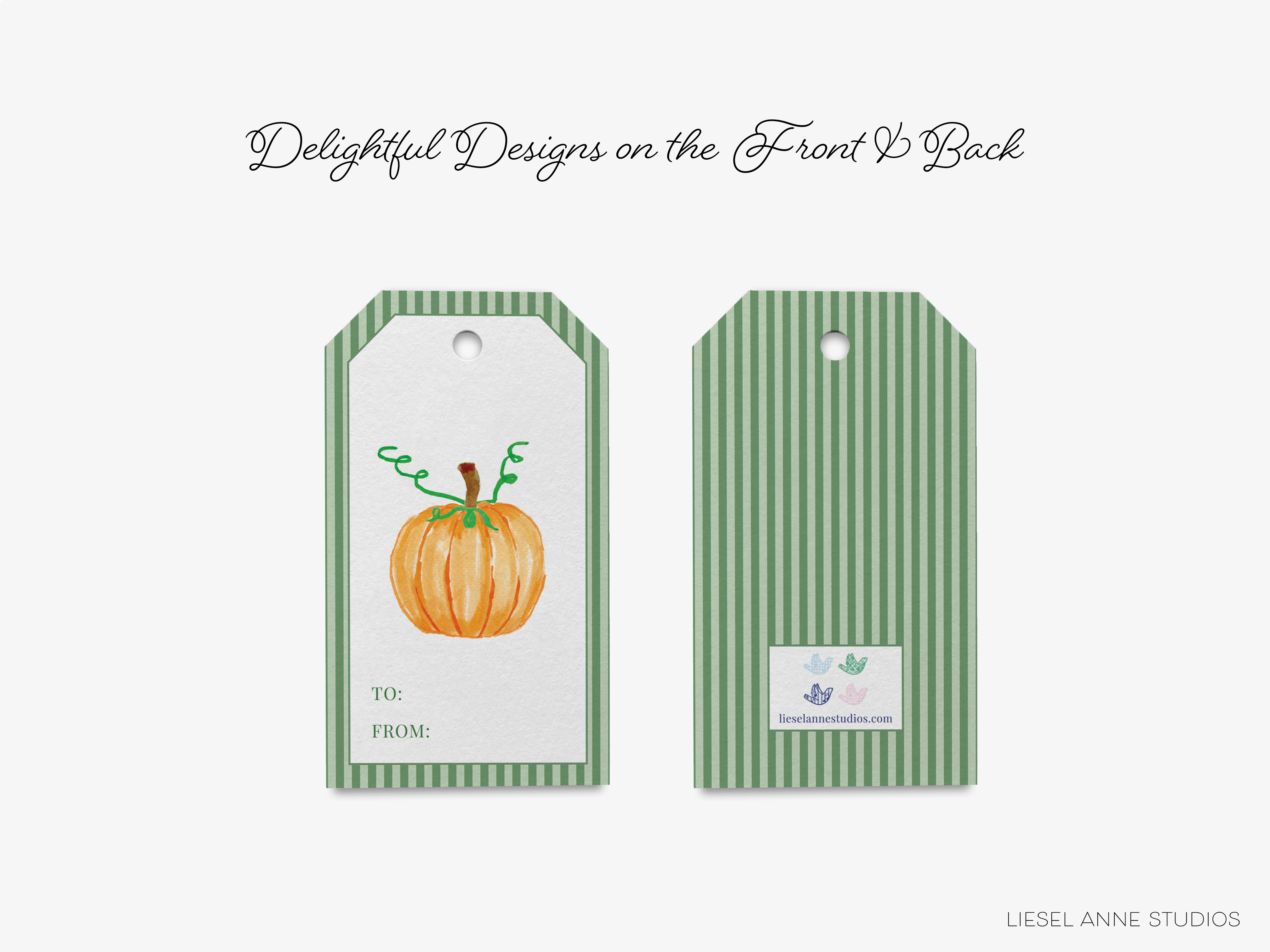 two green and white striped tags with a pumpkin illustration on them. The tags are labeled with a message and a website address.