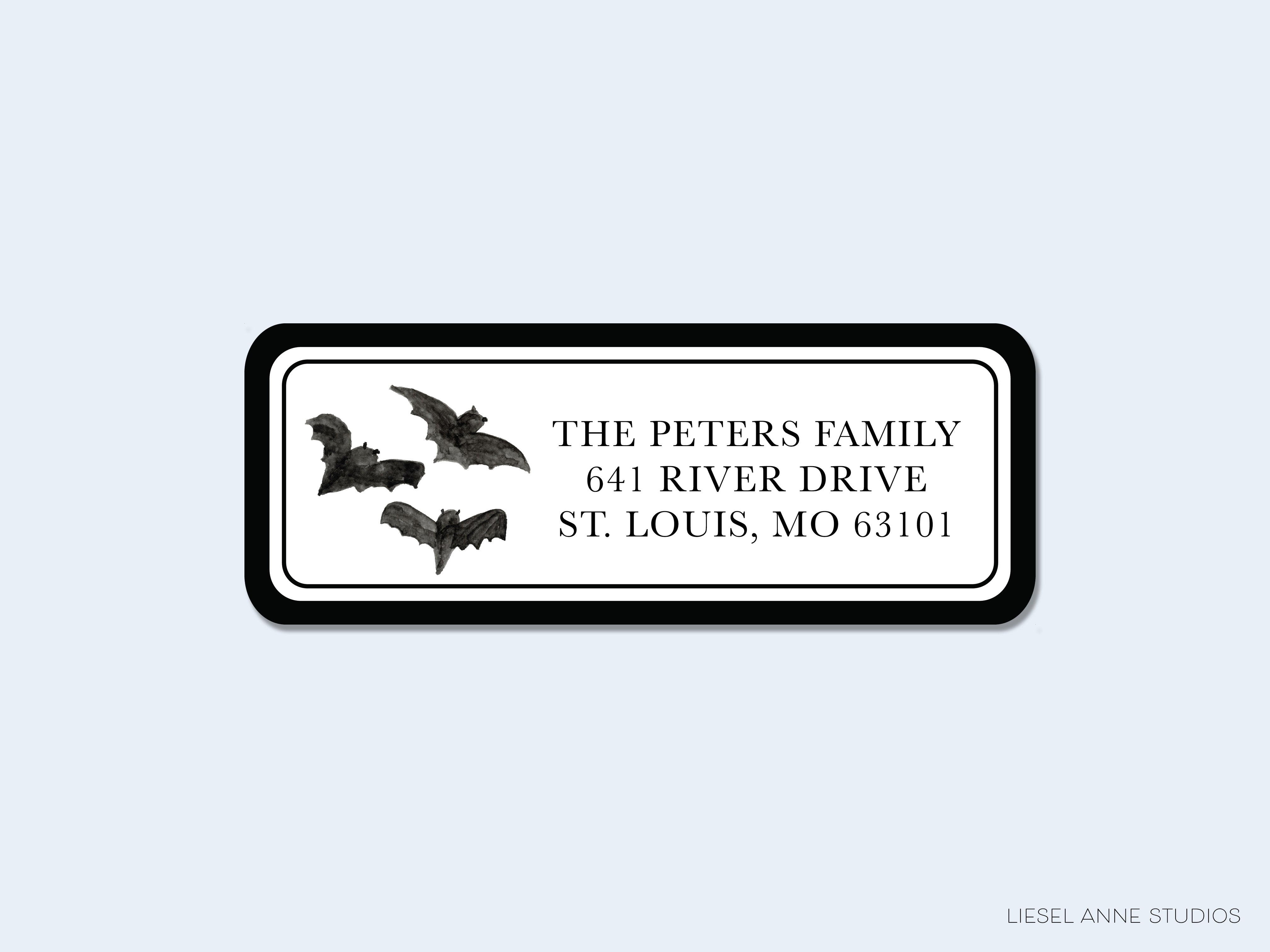 The image is a rectangular address label with the text "THE PETERS FAMILY 641 RIVER DRIVE ST. LOUIS, MO 63101" printed on it.