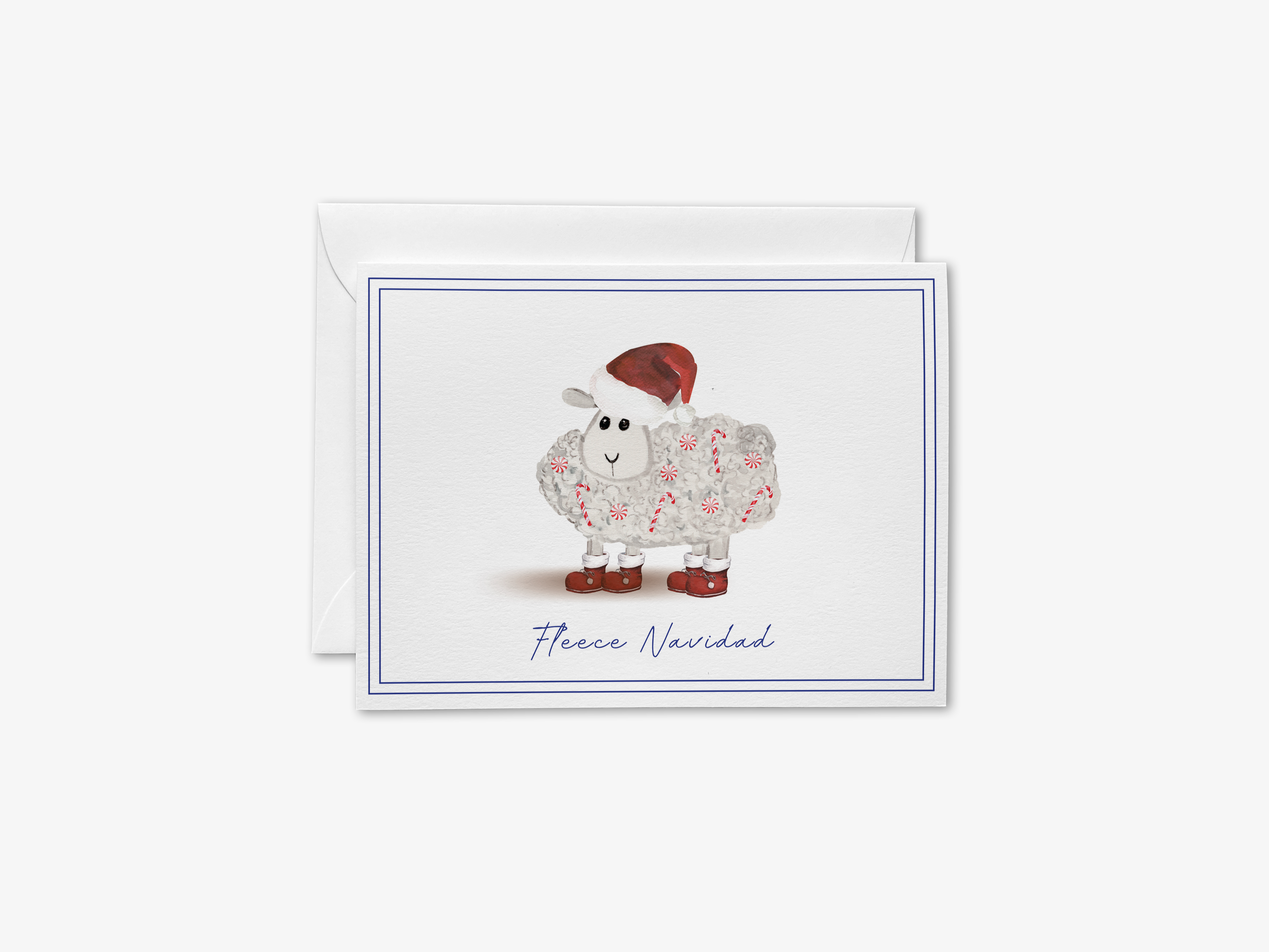 A greeting card featuring a white sheep wearing a Santa hat and a red scarf, with the text "Fleece Navid" written below.