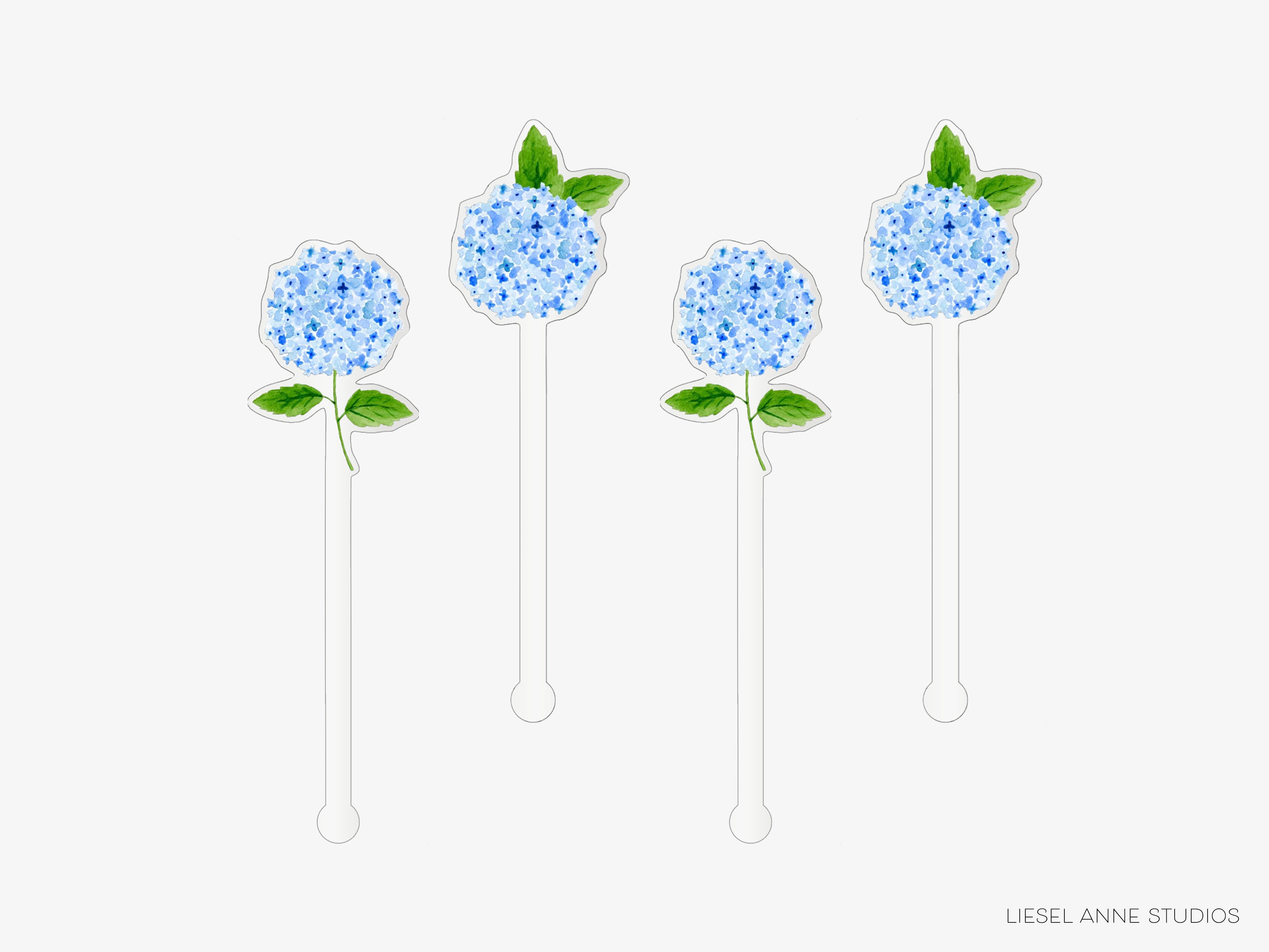 four blue hydrangea-shaped objects with green leaves attached, arranged in a row.