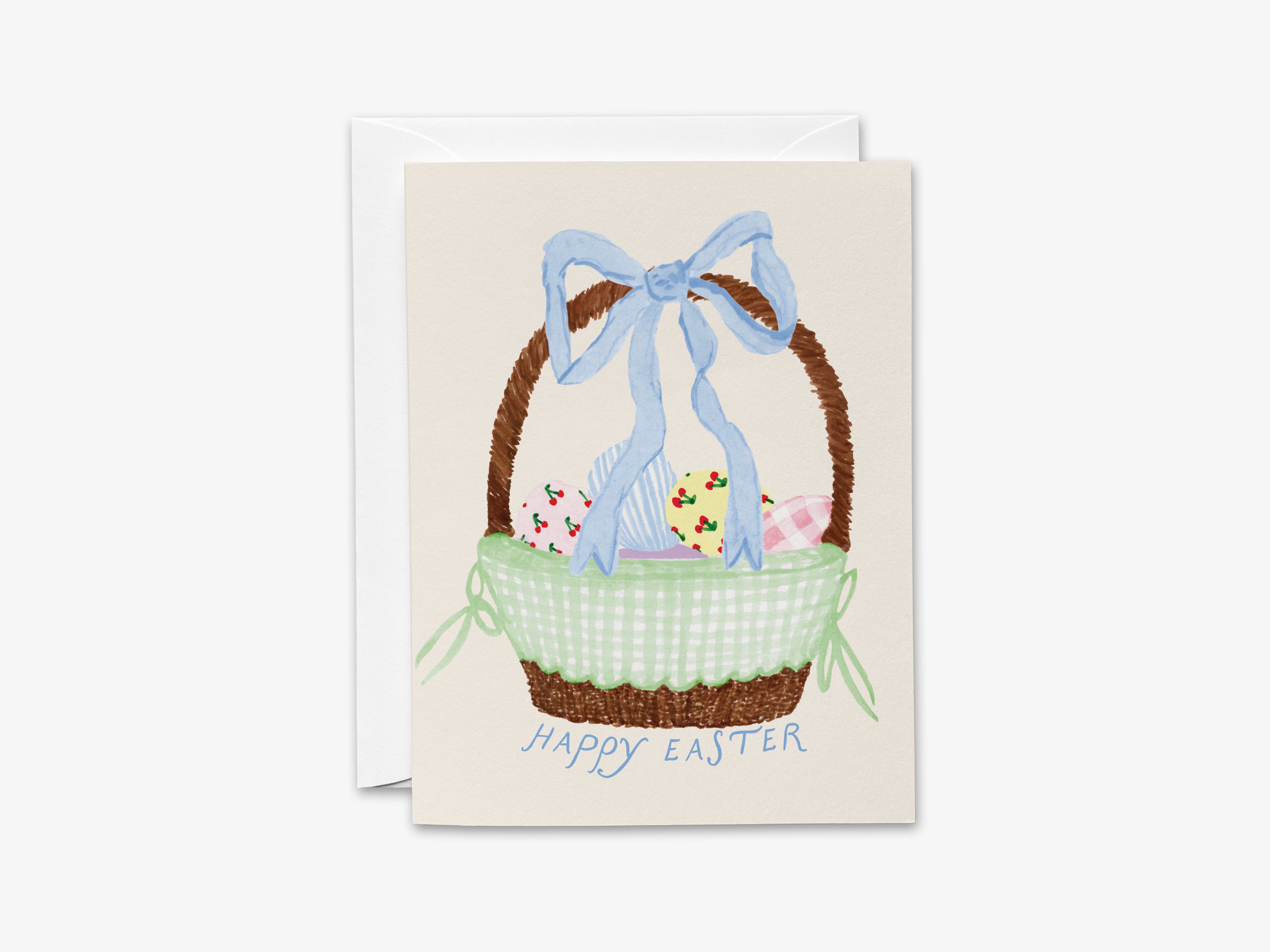A greeting card with a basket filled with Easter eggs and a blue ribbon, accompanied by the text "Happy Easter".