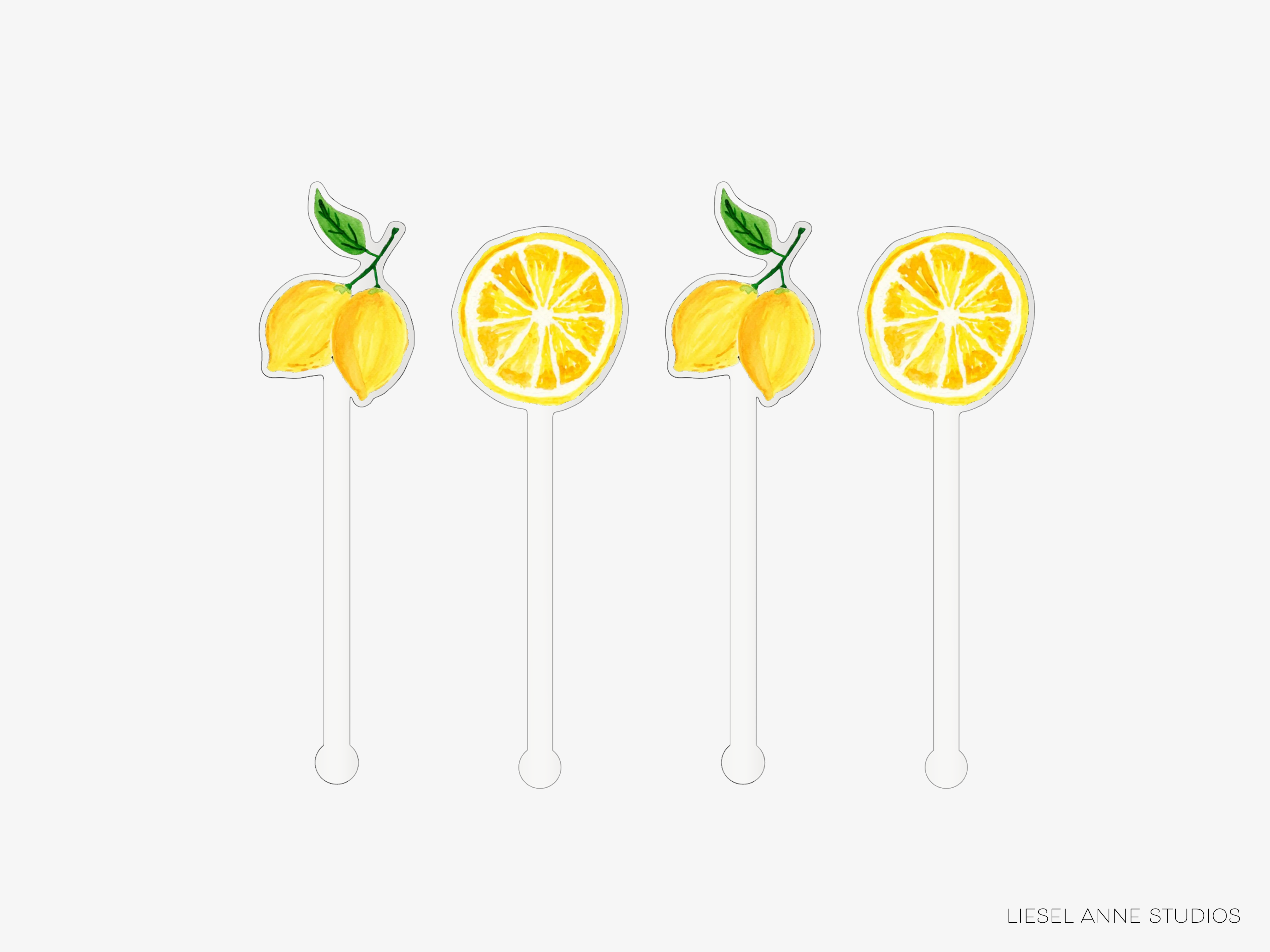 four lemon-themed cocktail stirrers, each with a slice of lemon and a green leaf attached.