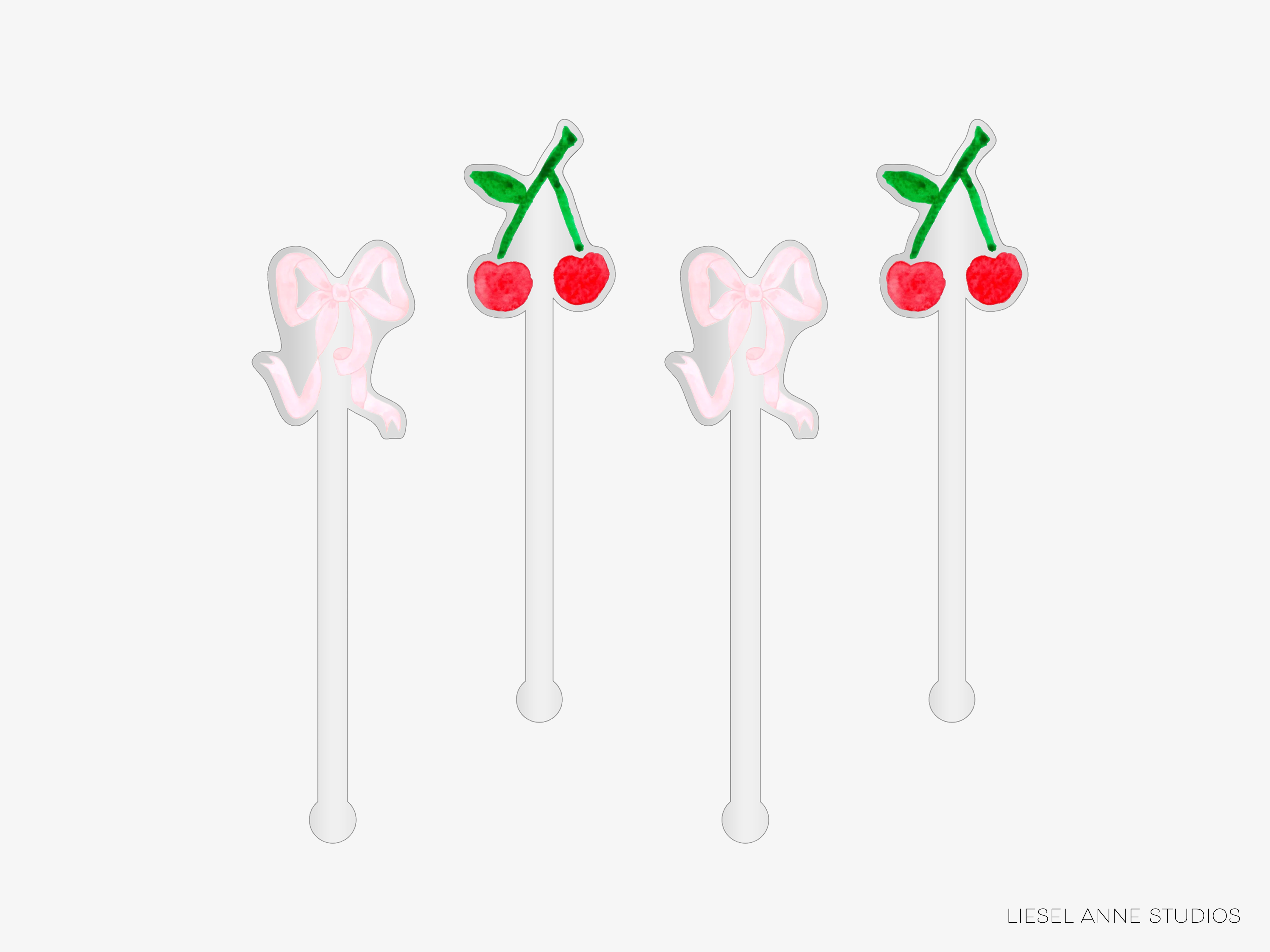 four white straws with pink bows and cherries on them.