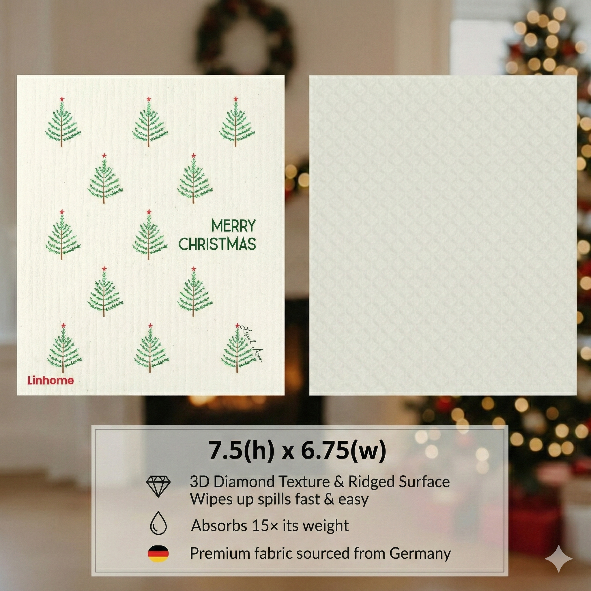 Evergreen Holiday Winter Evergreens- Linhome x Liesel Anne Swedish Dishcloths - 1 Pack