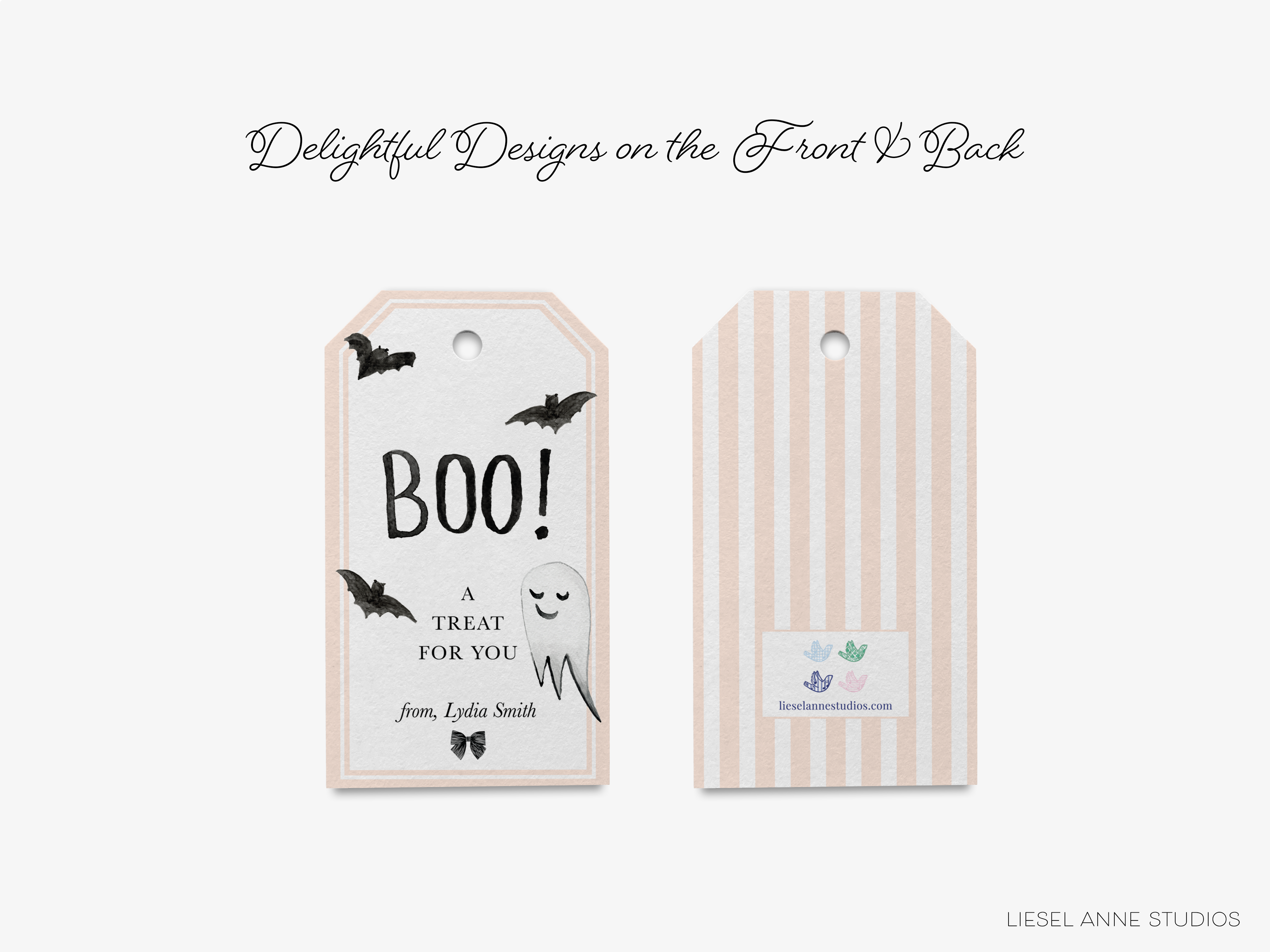 two Halloween-themed tags, one with a "BOO!" message and the other with a striped pattern.