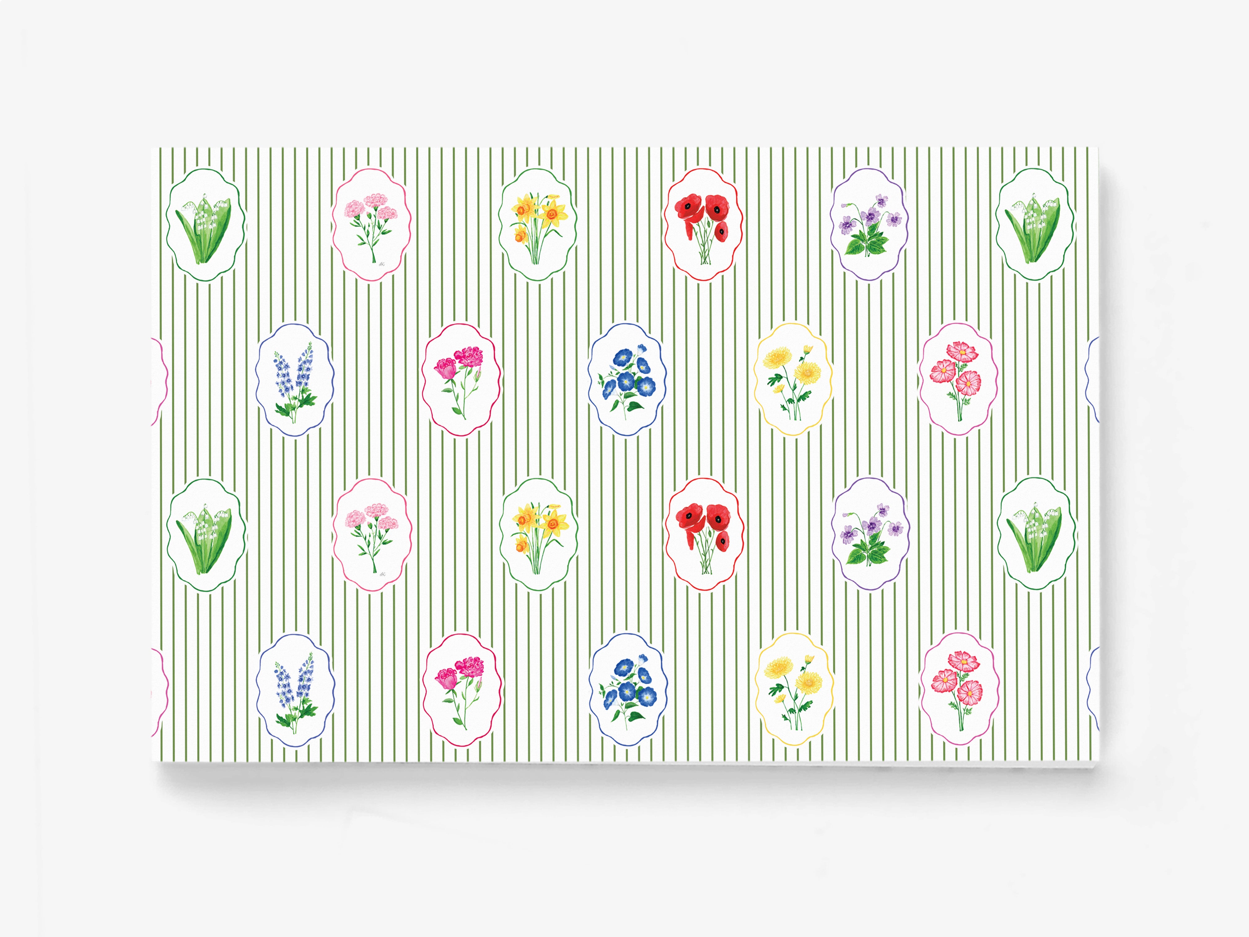 a repeating pattern of various colorful flowers and plants, including roses, daisies, and other floral elements, arranged in a grid-like layout.