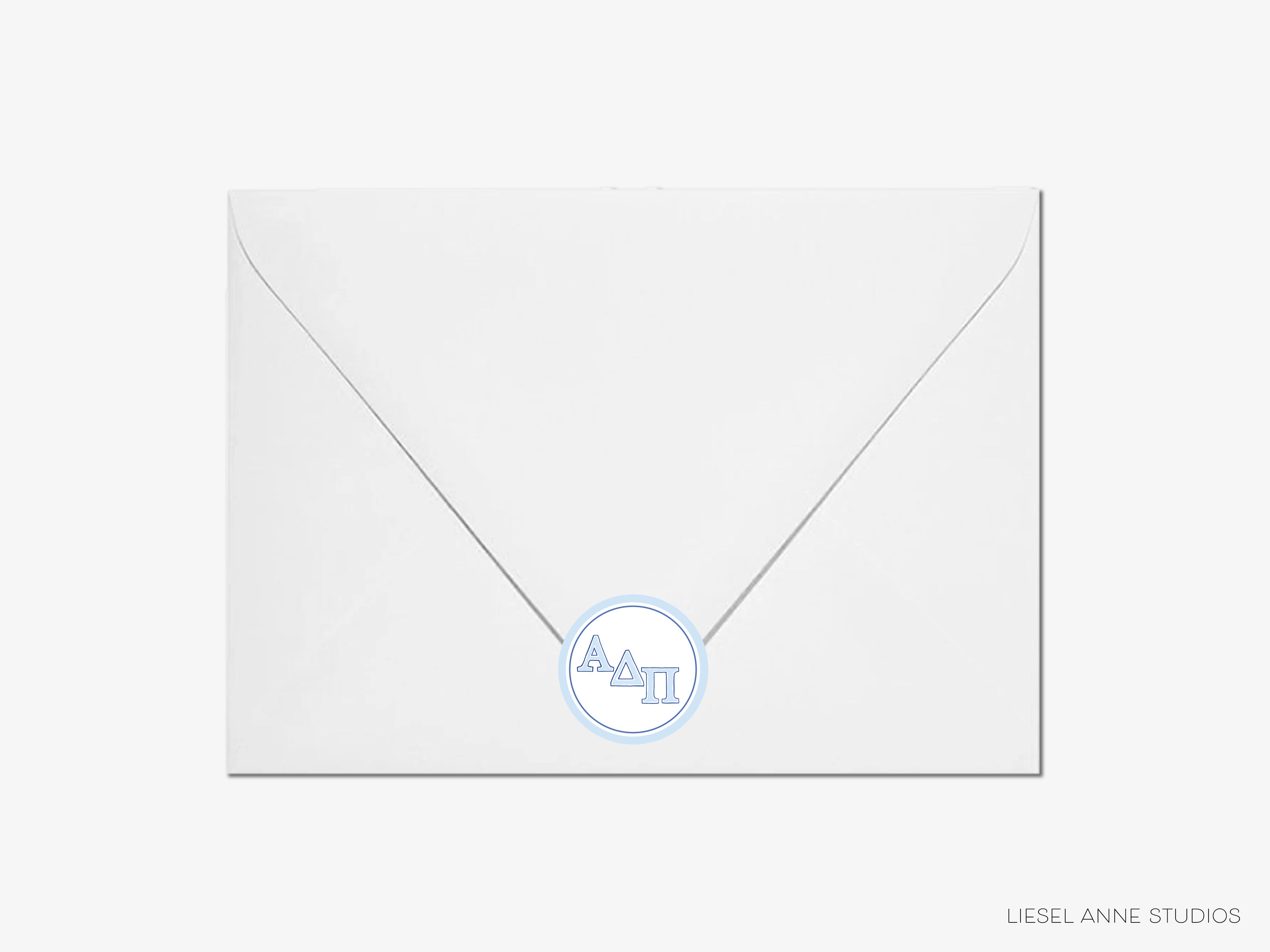 a white envelope with a blue and white logo