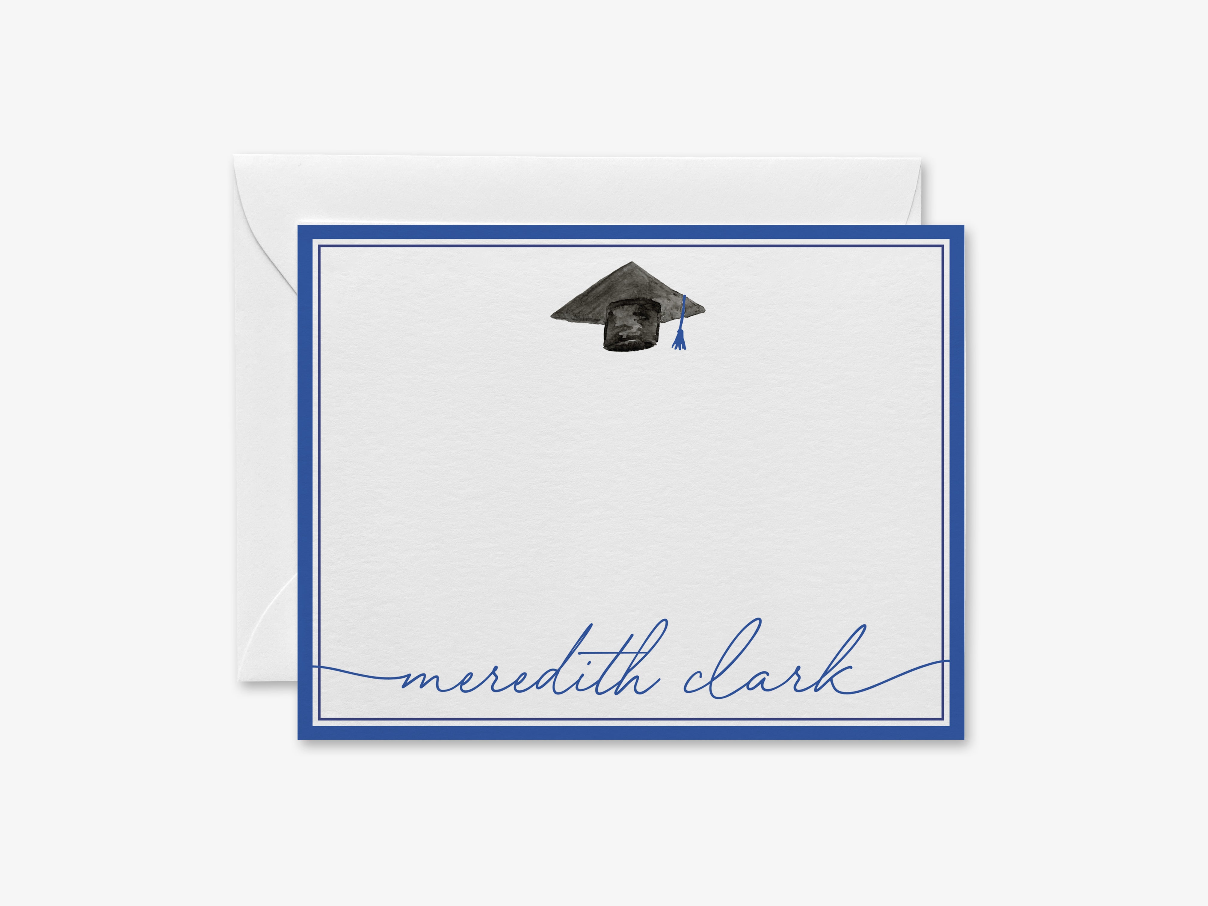 A graduation cap with a tassel is displayed on a white background, accompanied by the name "Meredith Clark" written in blue cursive text.