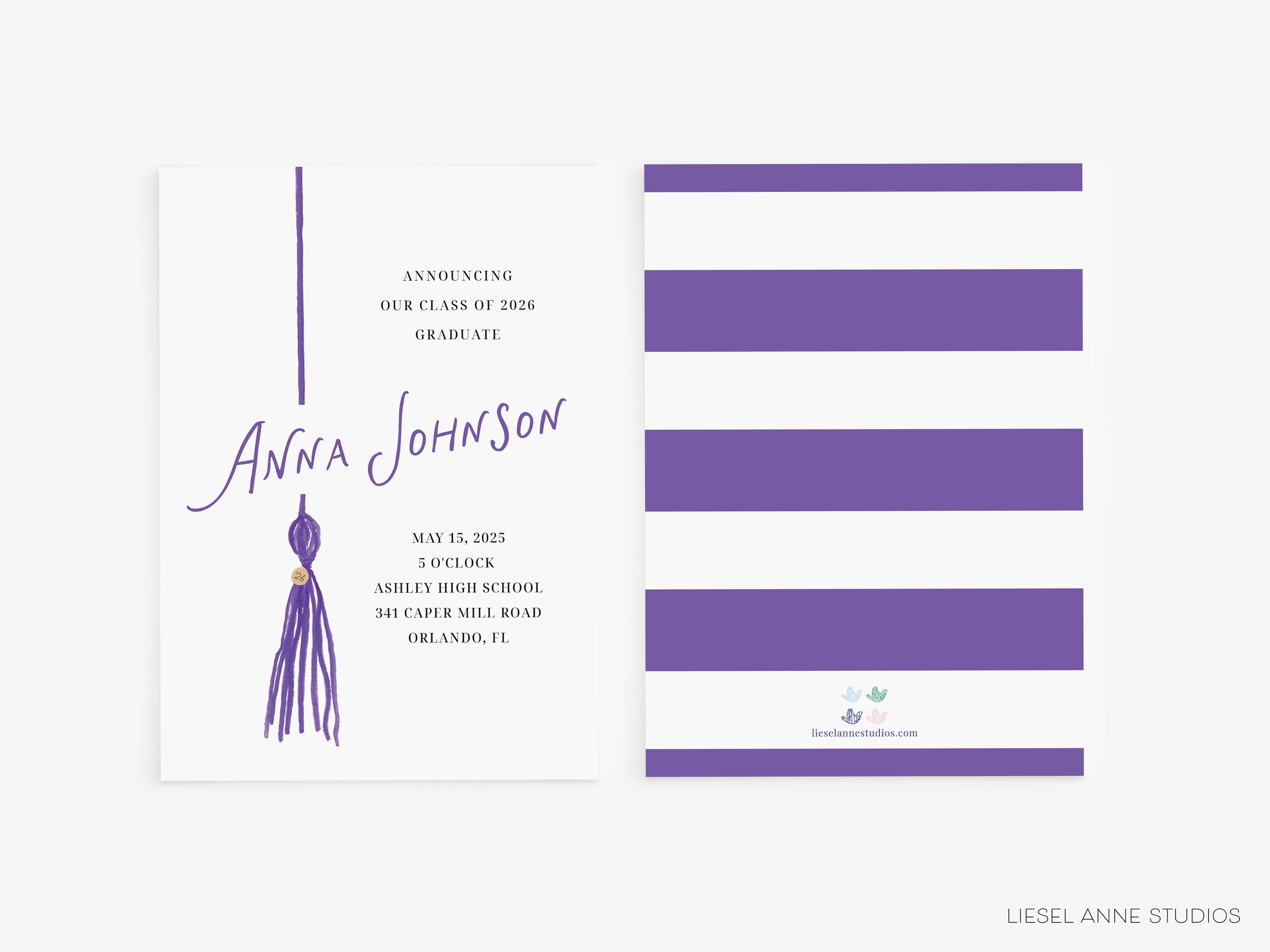 The image is a graduation invitation for Anna Johnson, who is graduating from Ashley High School in Orlando, Florida on May 15, 2026.