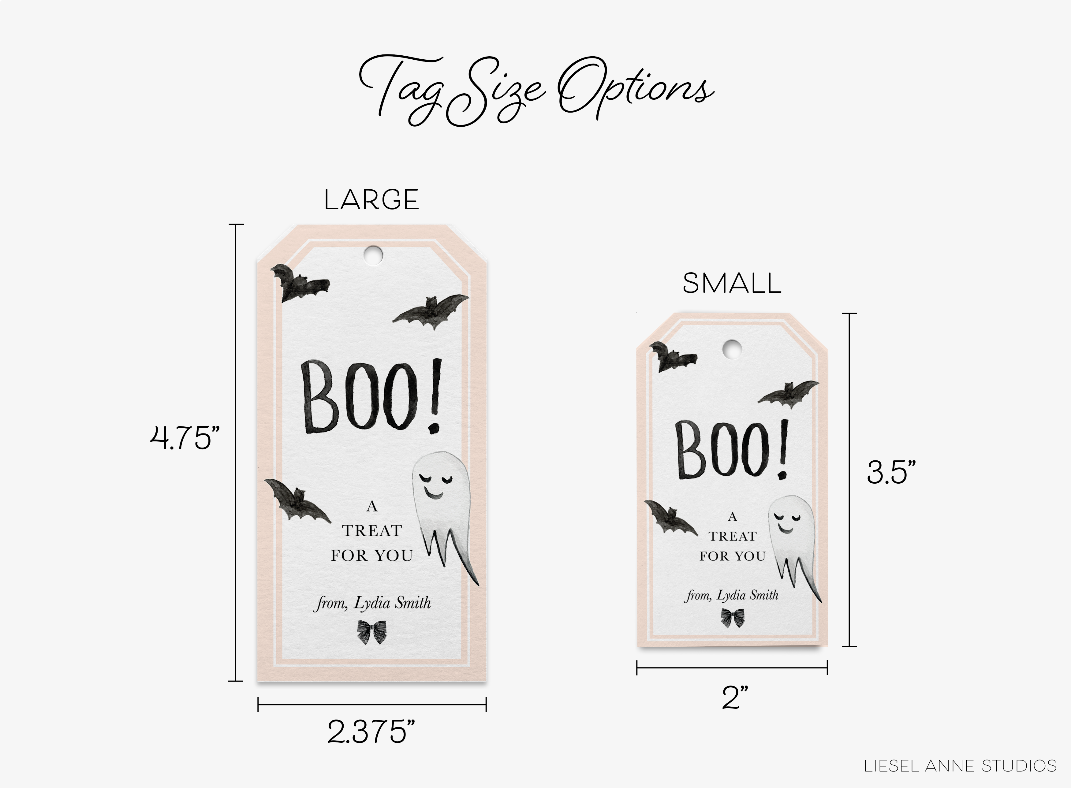 two different tag sizes, labeled as large and small, with a Halloween theme. The tags are designed to be used as personalized treat bags for a Halloween party.