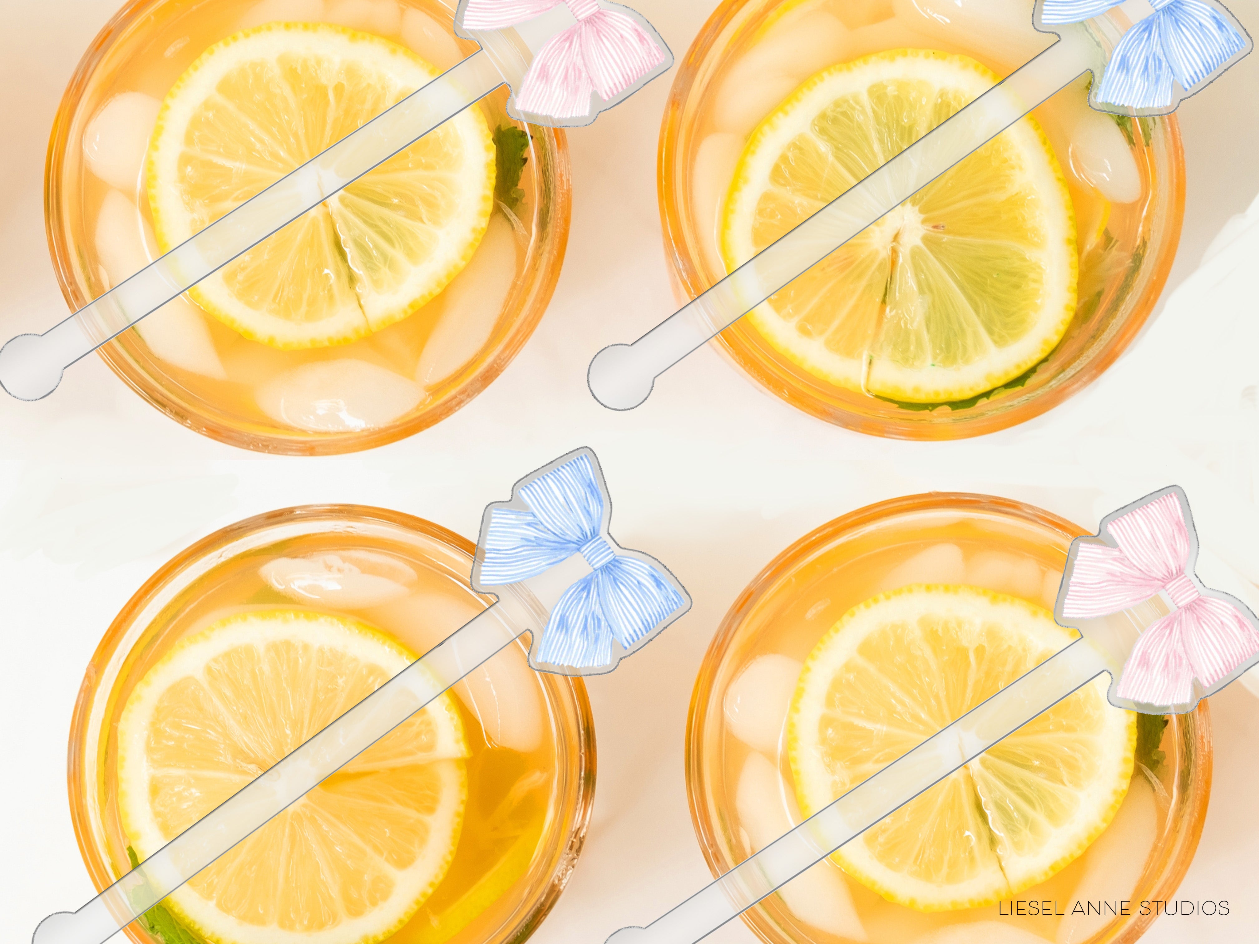 four glasses filled with a yellow liquid, each containing a slice of lemon. The glasses are accompanied by blue and pink straws, and the arrangement of the glasses and straws creates a visually appealing and balanced composition.