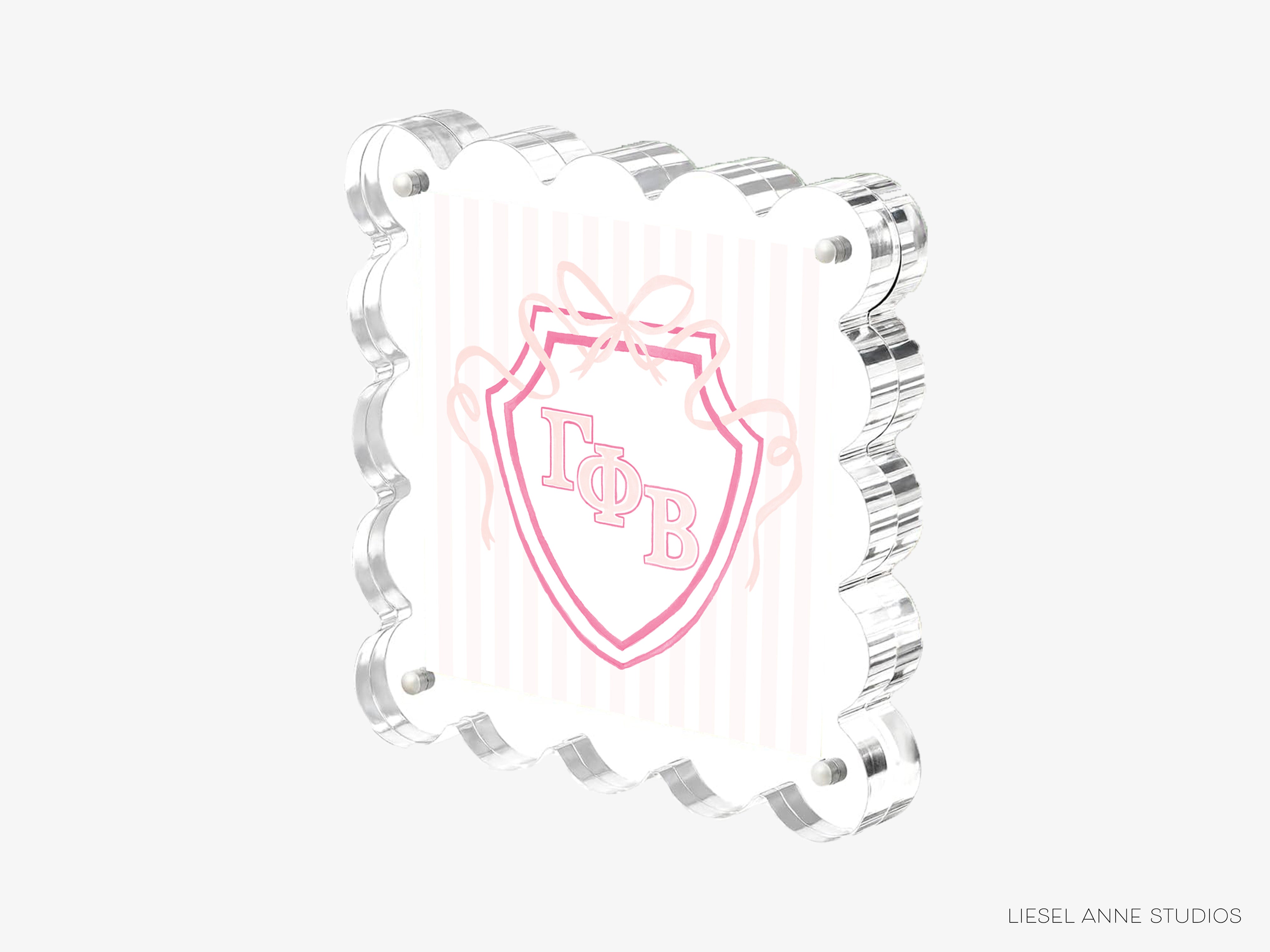 A 3D rendering of a shield-shaped object with a pink and white design, featuring the letters 'F', 'P', and 'B' prominently displayed.