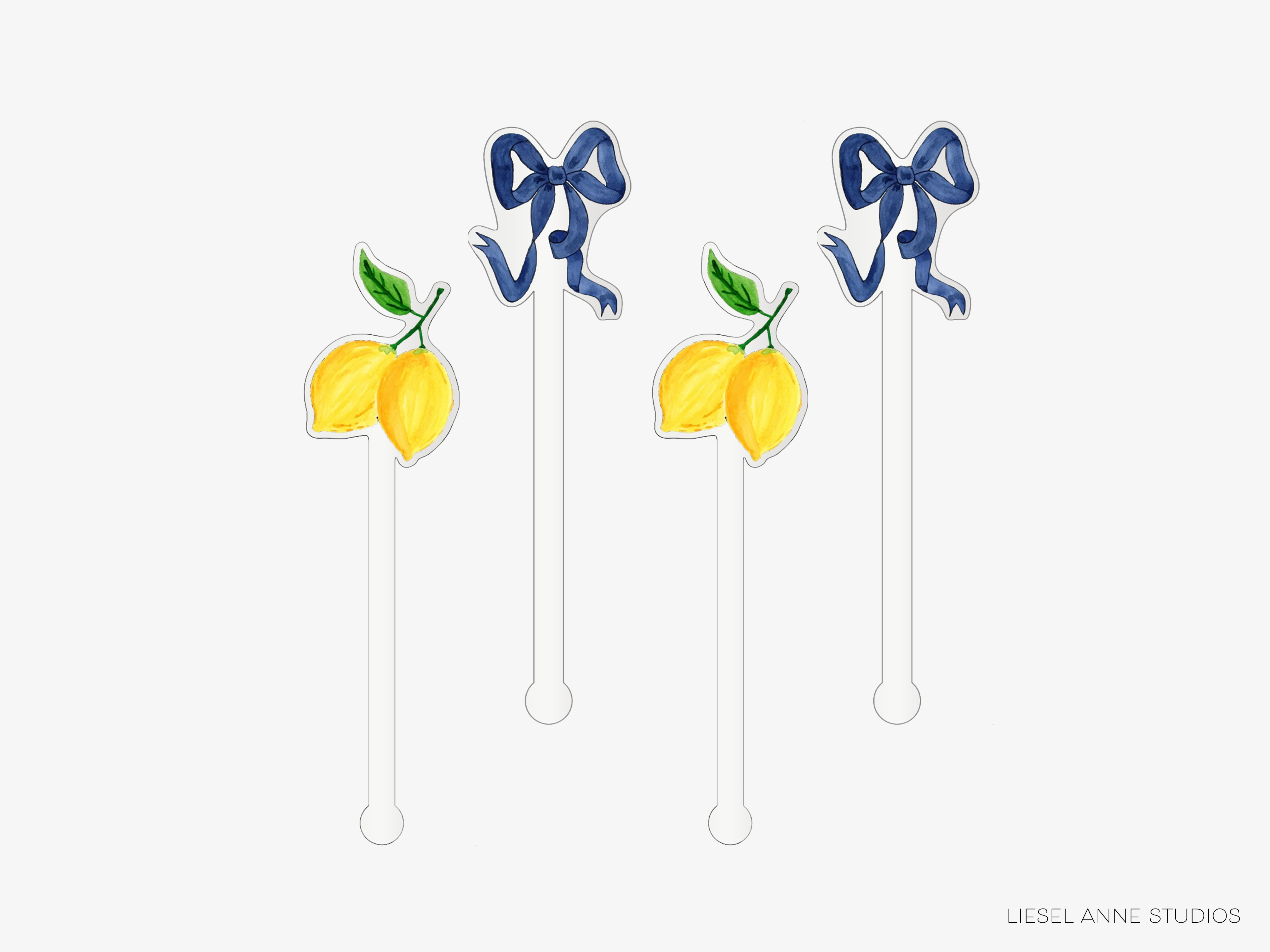 three blue ribbon-adorned cocktail stirrers, each featuring a lemon graphic.