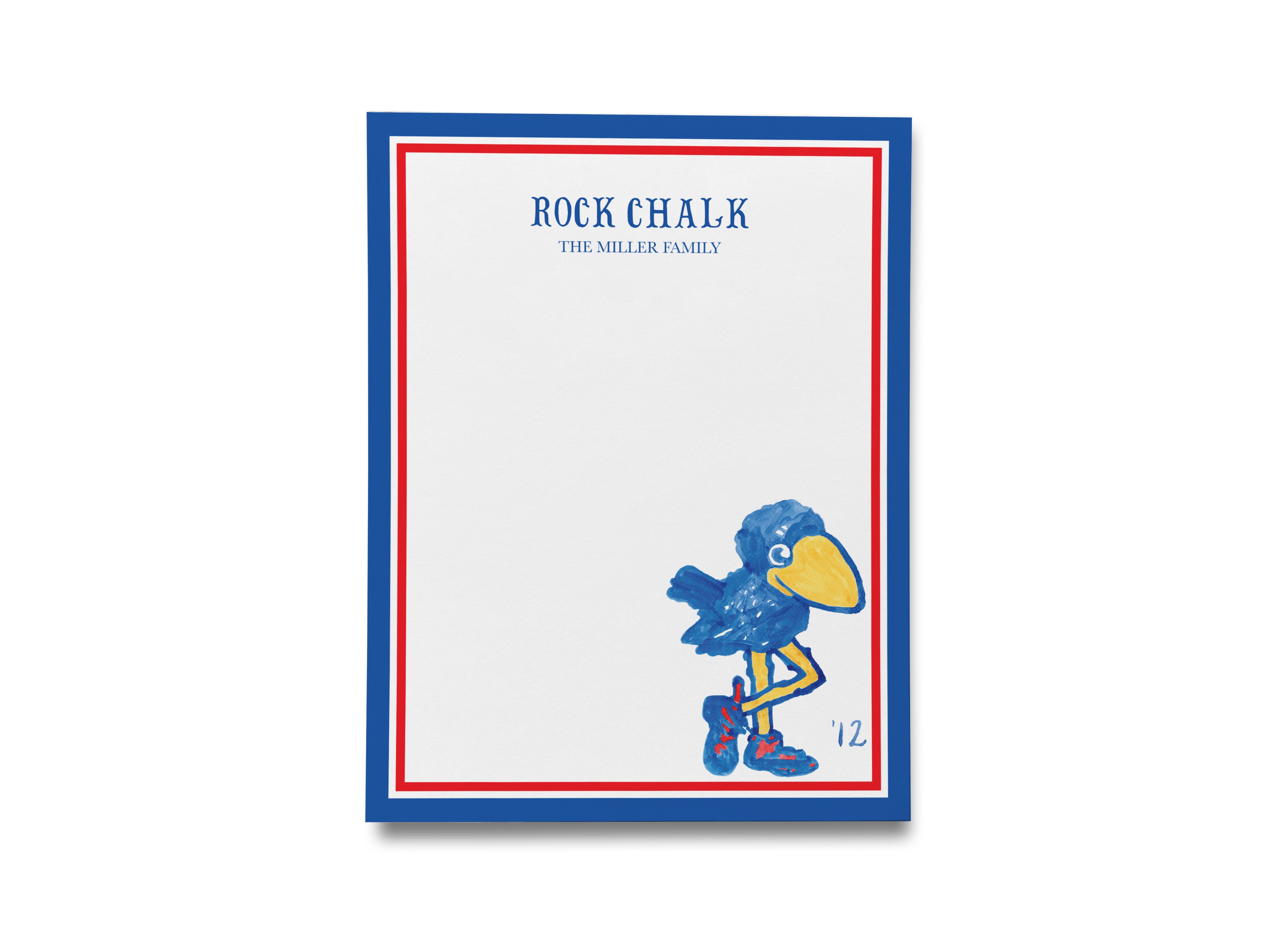 a blue bird with yellow legs, standing on a white background with a red and blue border.