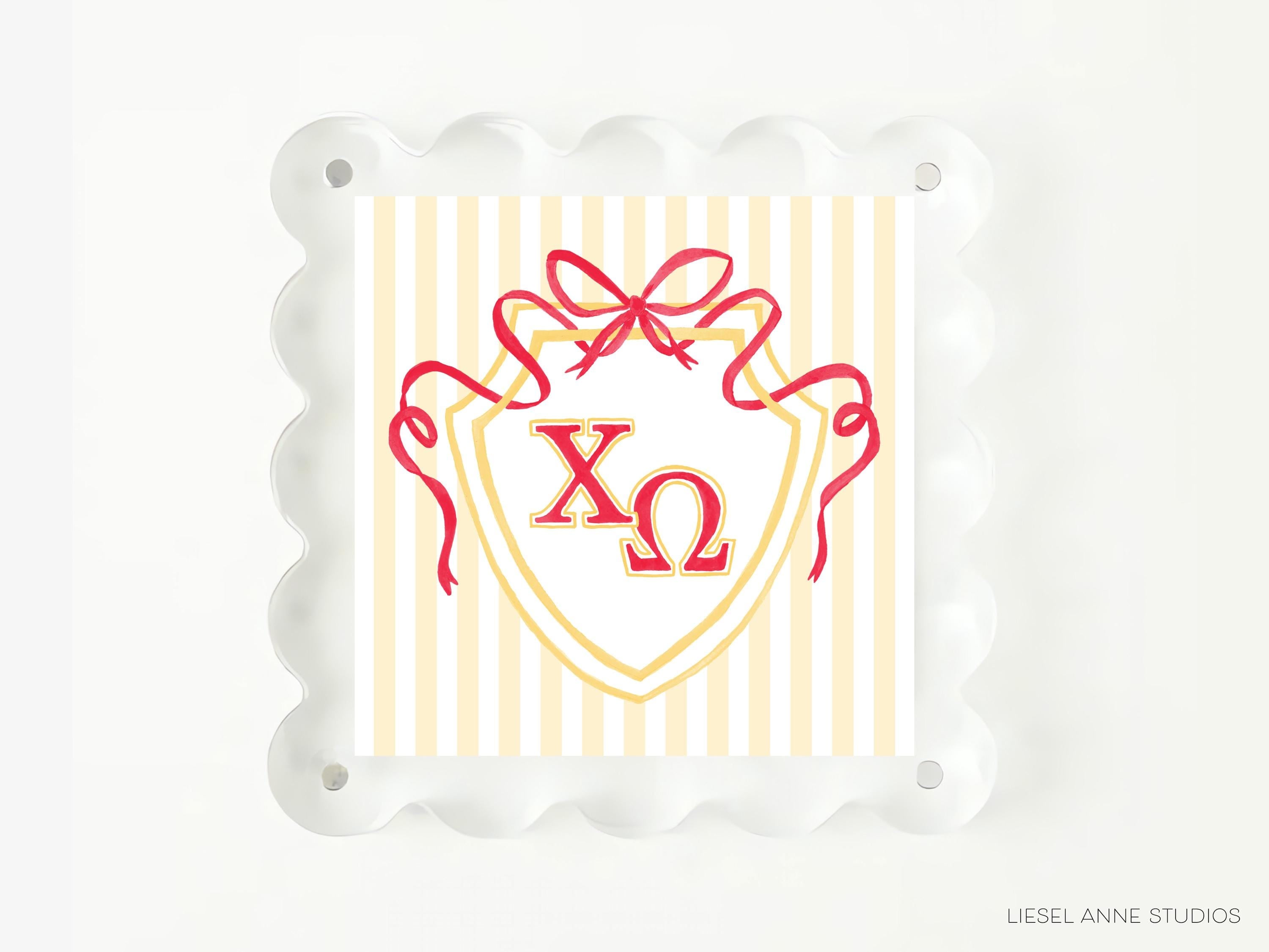 a shield-shaped design with a red ribbon and the letters 'XO' prominently displayed in the center.