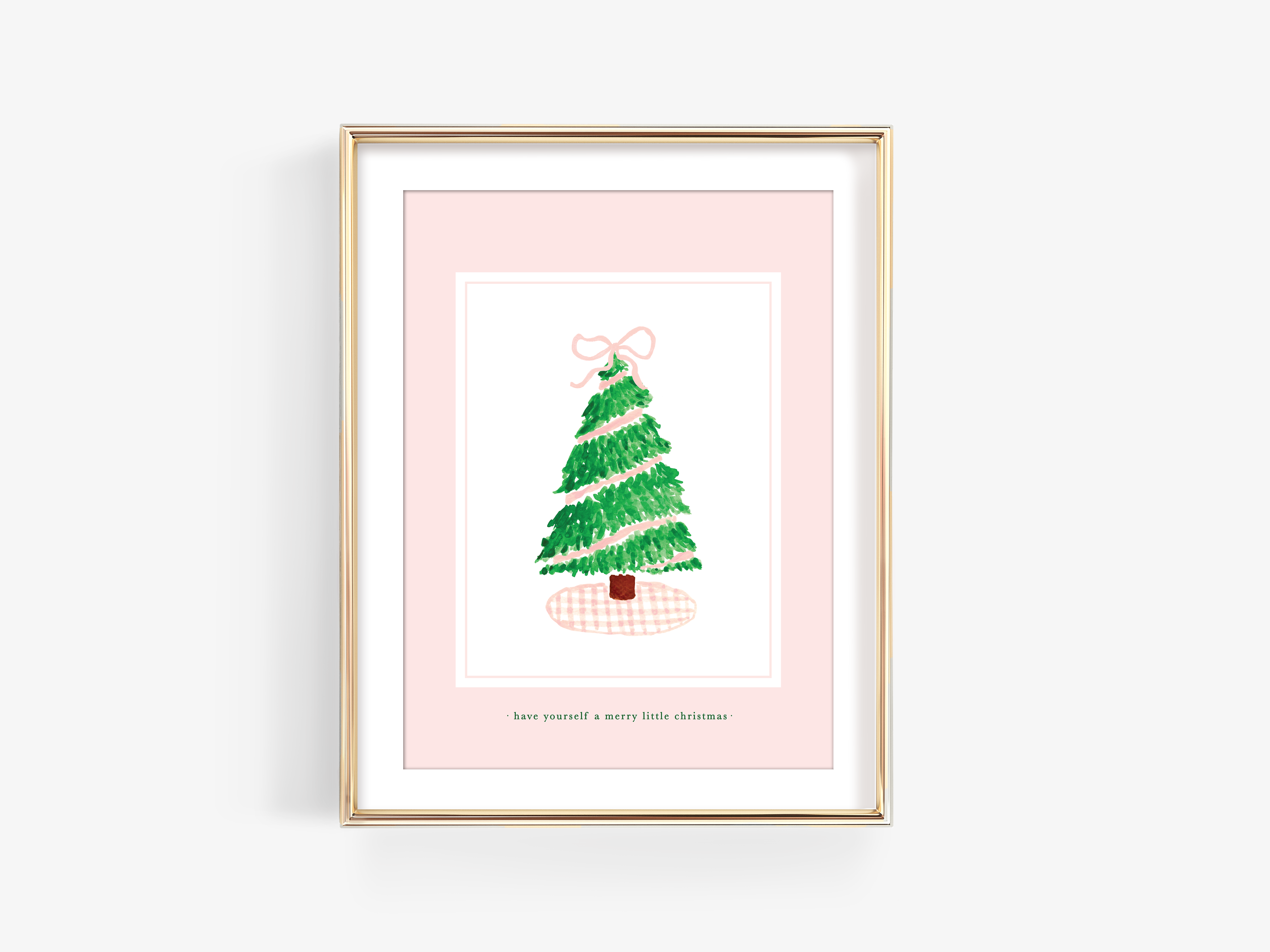 Pink Gingham Tree Print – Hand Painted Christmas Tree Artwork on Textured Art Paper