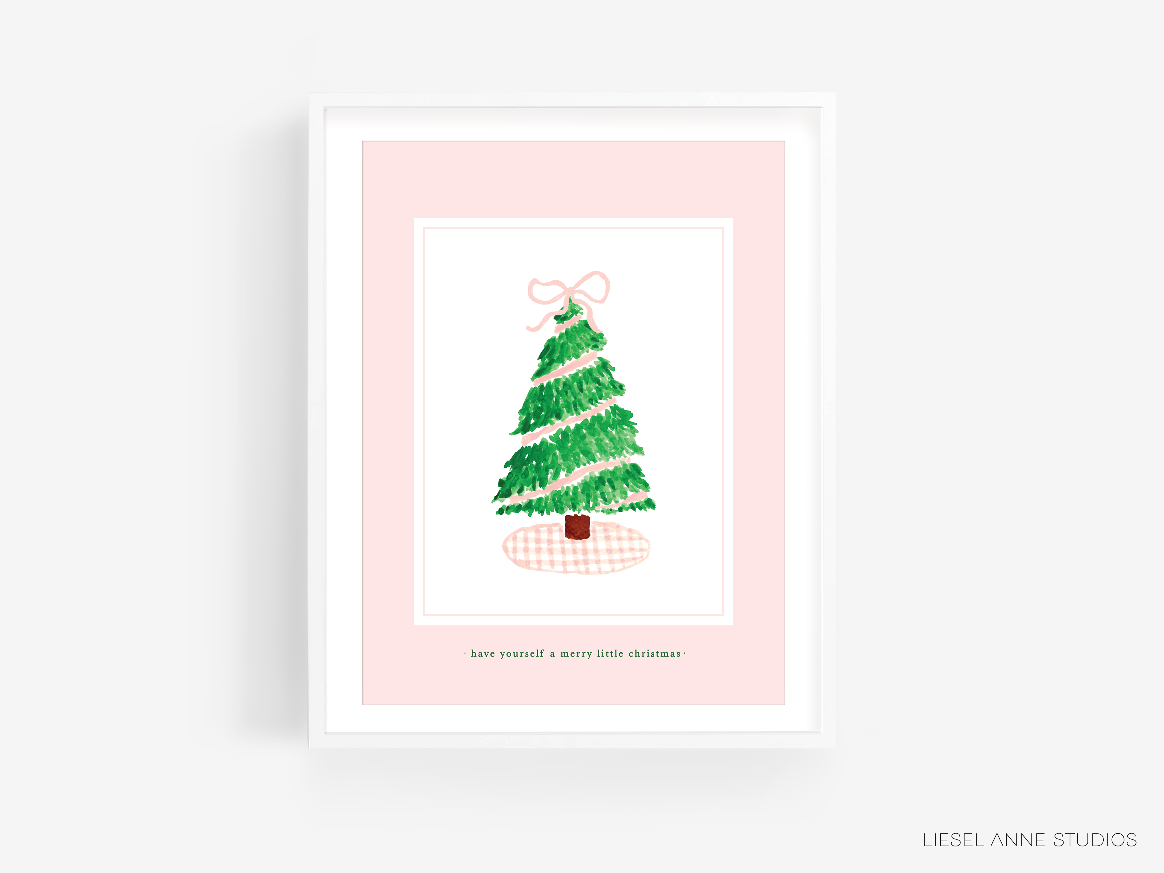 Pink Gingham Tree Print – Hand Painted Christmas Tree Artwork on Textured Art Paper