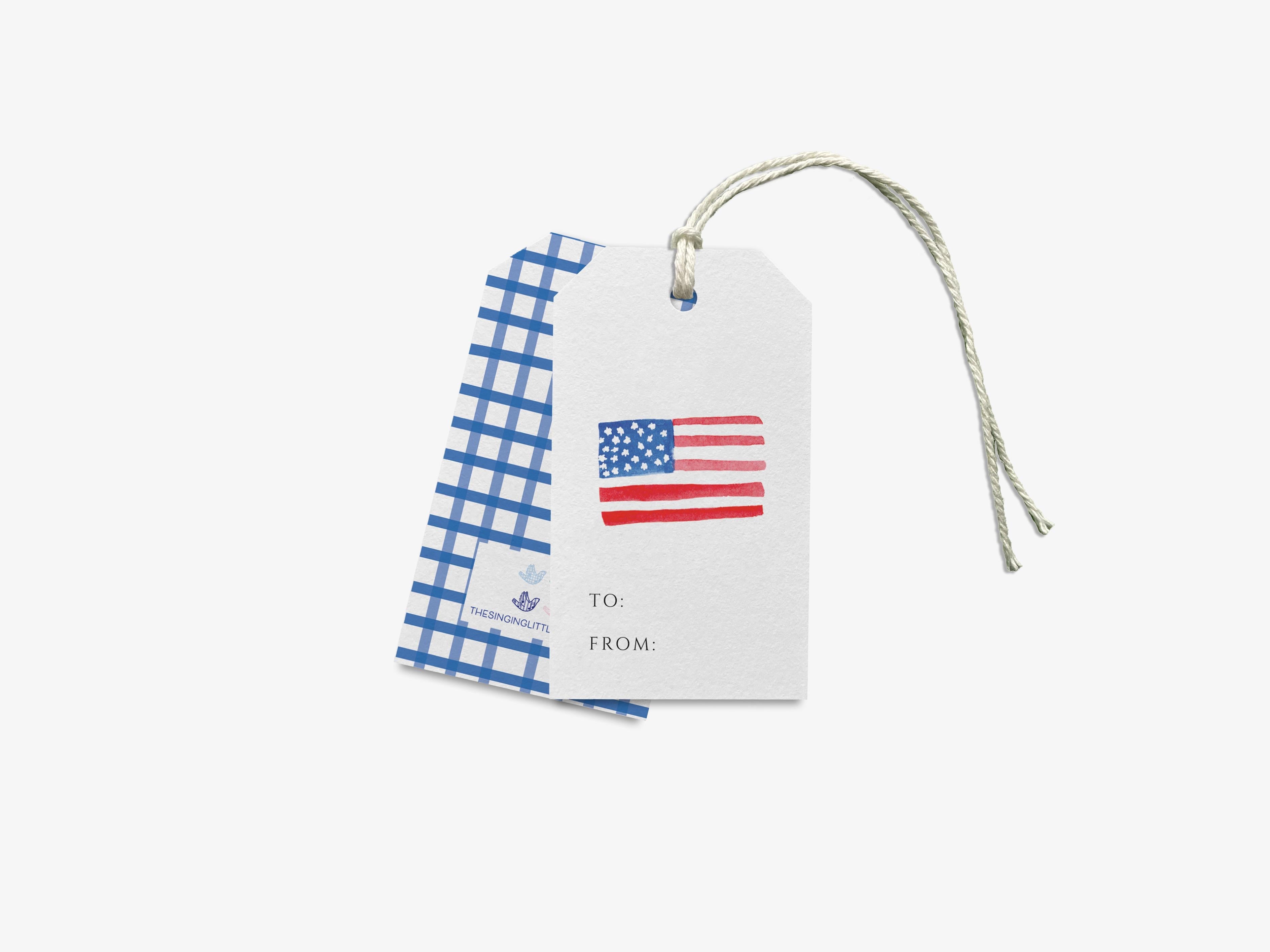 American Flag Gift Tags [Set of 8]-These gift tags come in sets, hole-punched with white twine and feature our hand-painted watercolor American flags, printed in the USA on 120lb textured stock. They make great tags for gifting or gifts for the USA lover in your life.-The Singing Little Bird