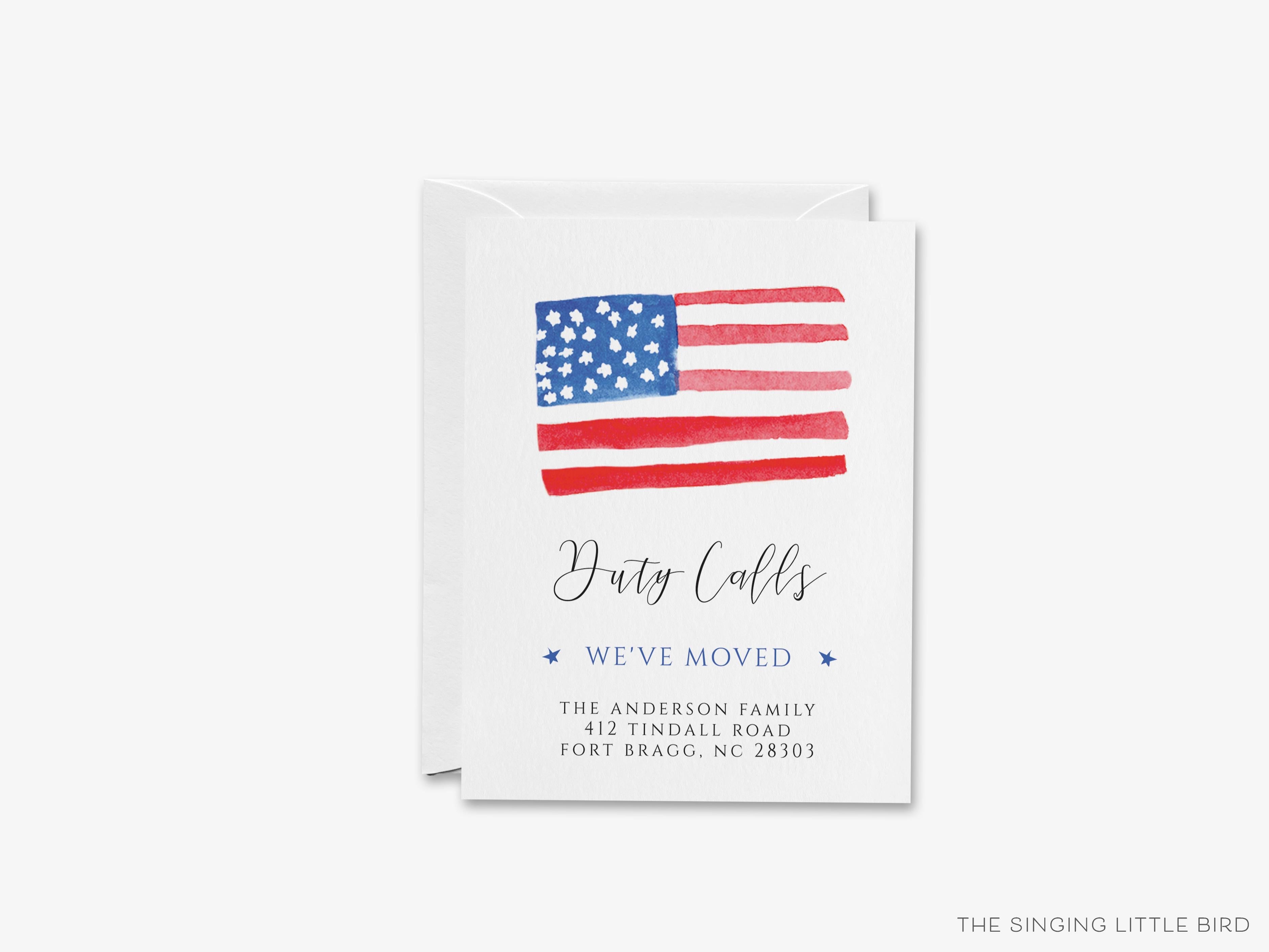 American Flag Moving Announcement-These personalized flat change of address cards are 4.25x5.5 and feature our hand-painted watercolor American Flag, printed in the USA on 120lb textured stock. They come with your choice of envelopes and make great moving announcements for the USA lover.-The Singing Little Bird
