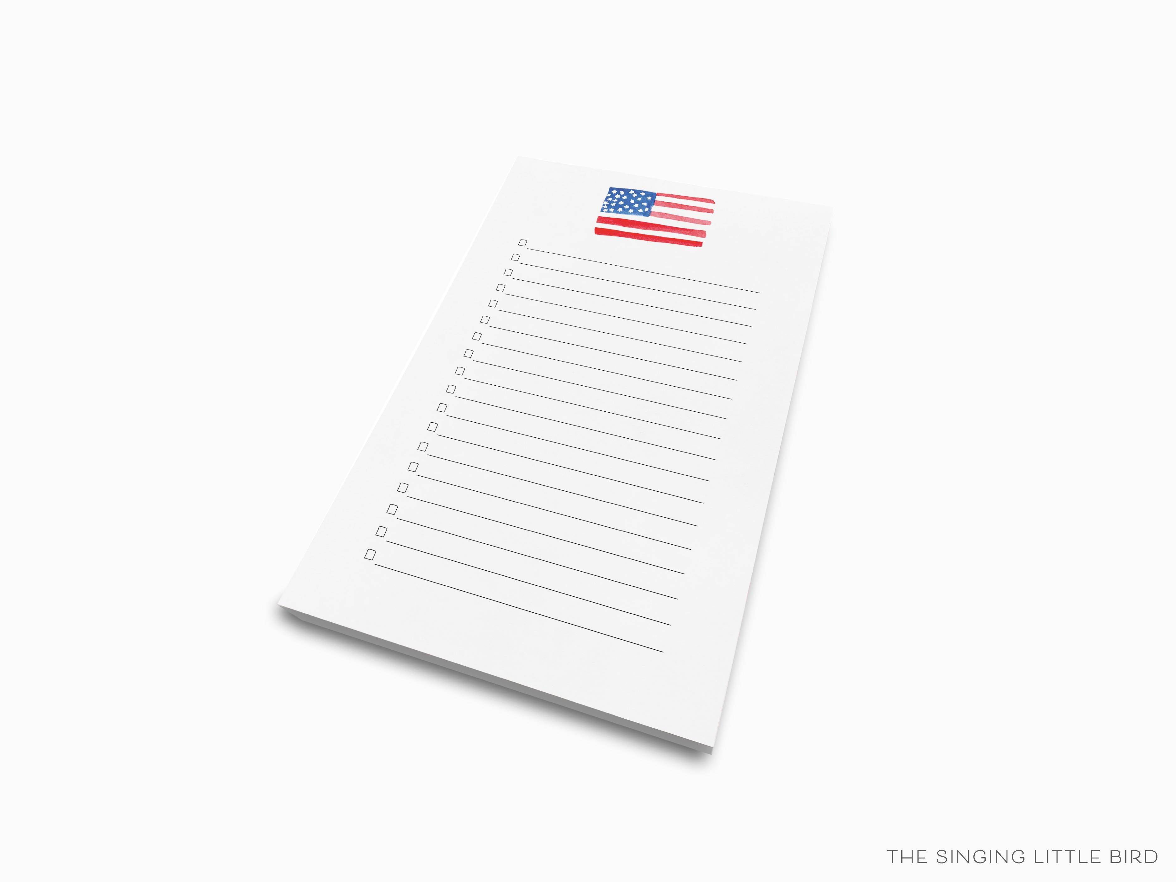 American Flag Notepad-These notepads feature our hand-painted watercolor American Flag, printed in the USA on a beautiful smooth stock. You choose which size you want (or bundled together for a beautiful gift set) and makes a great gift for the checklist and USA lover in your life.-The Singing Little Bird