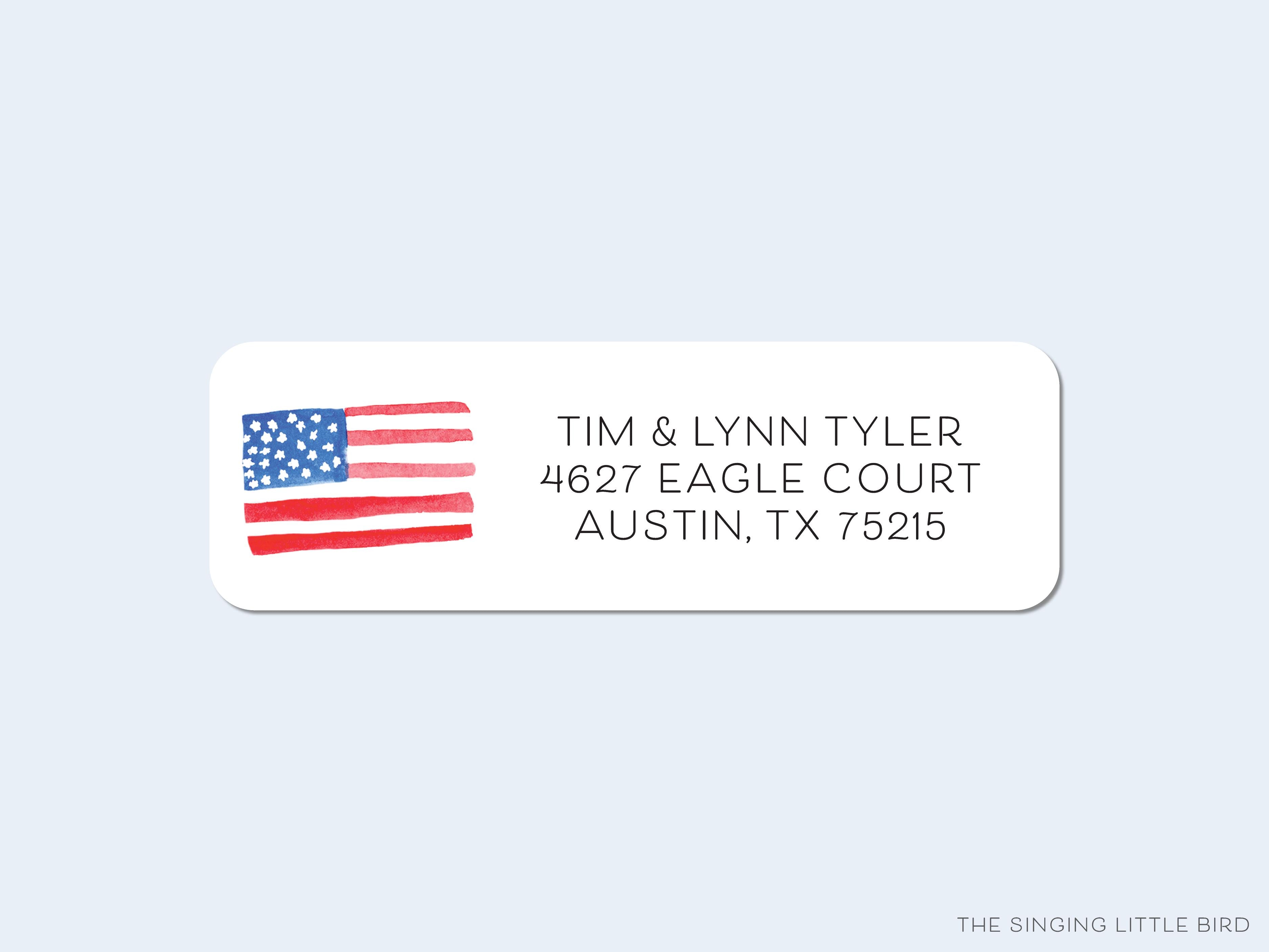 American Flag Return Address Labels- These personalized return address labels are 2.625" x 1" and feature our hand-painted watercolor American flag, printed in the USA on beautiful matte finish labels. These make great gifts for yourself or the patriotic lover. -The Singing Little Bird