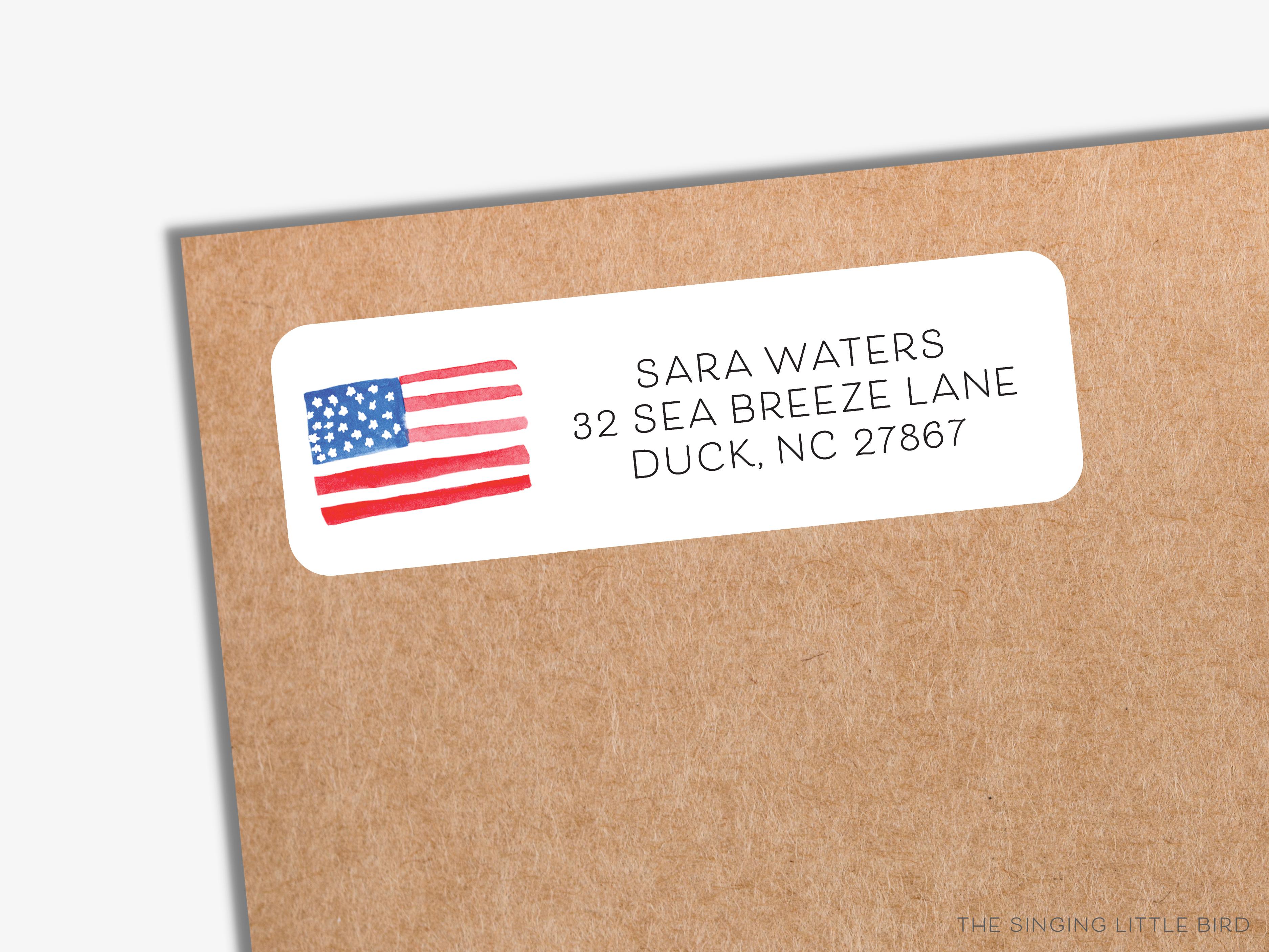 American Flag Return Address Labels- These personalized return address labels are 2.625" x 1" and feature our hand-painted watercolor American flag, printed in the USA on beautiful matte finish labels. These make great gifts for yourself or the patriotic lover. -The Singing Little Bird