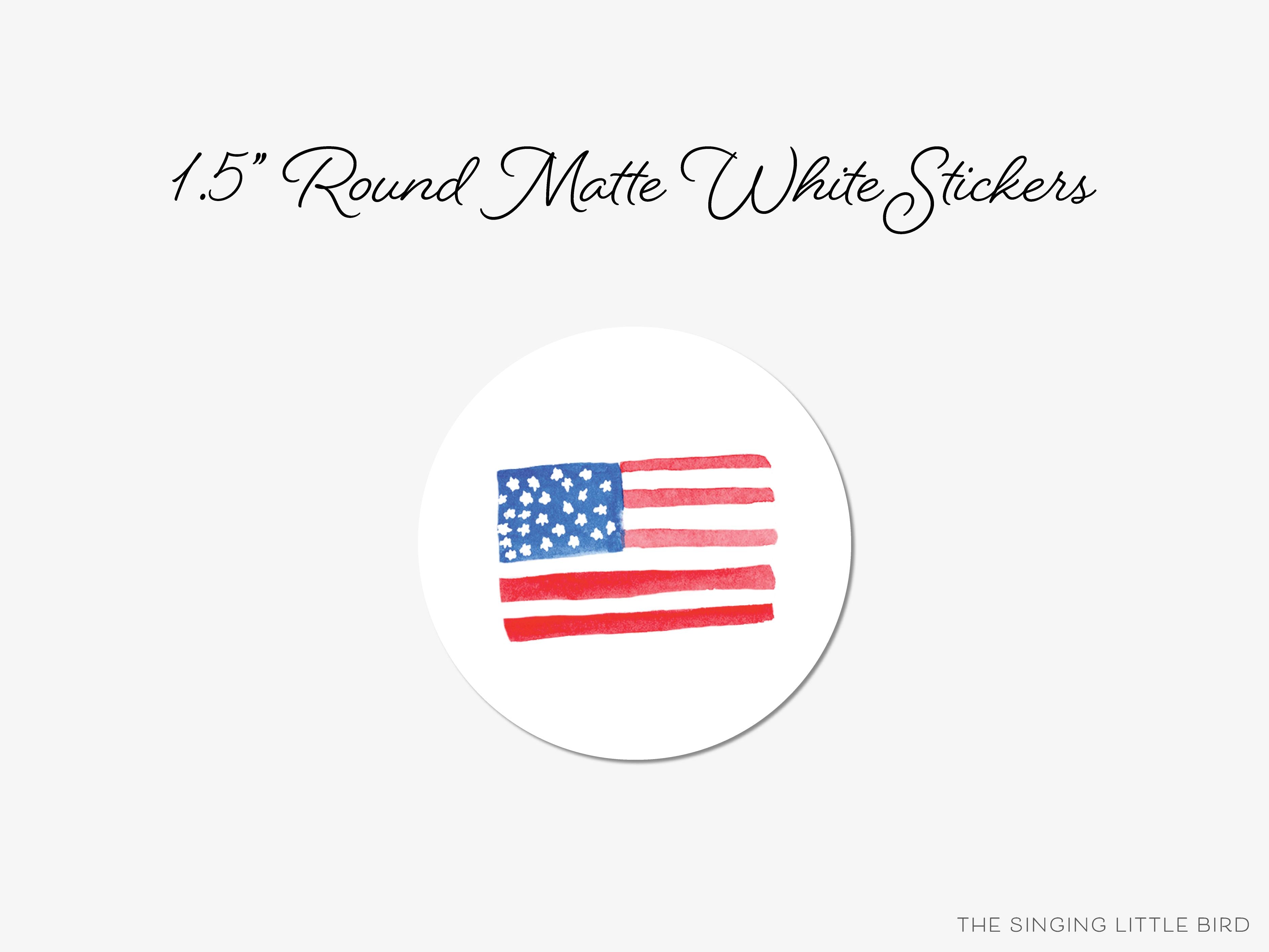 American Flag Round Stickers-These matte round stickers feature our hand-painted watercolor American Flag, making great envelope seals or gifts for the Service Member in your life.-The Singing Little Bird