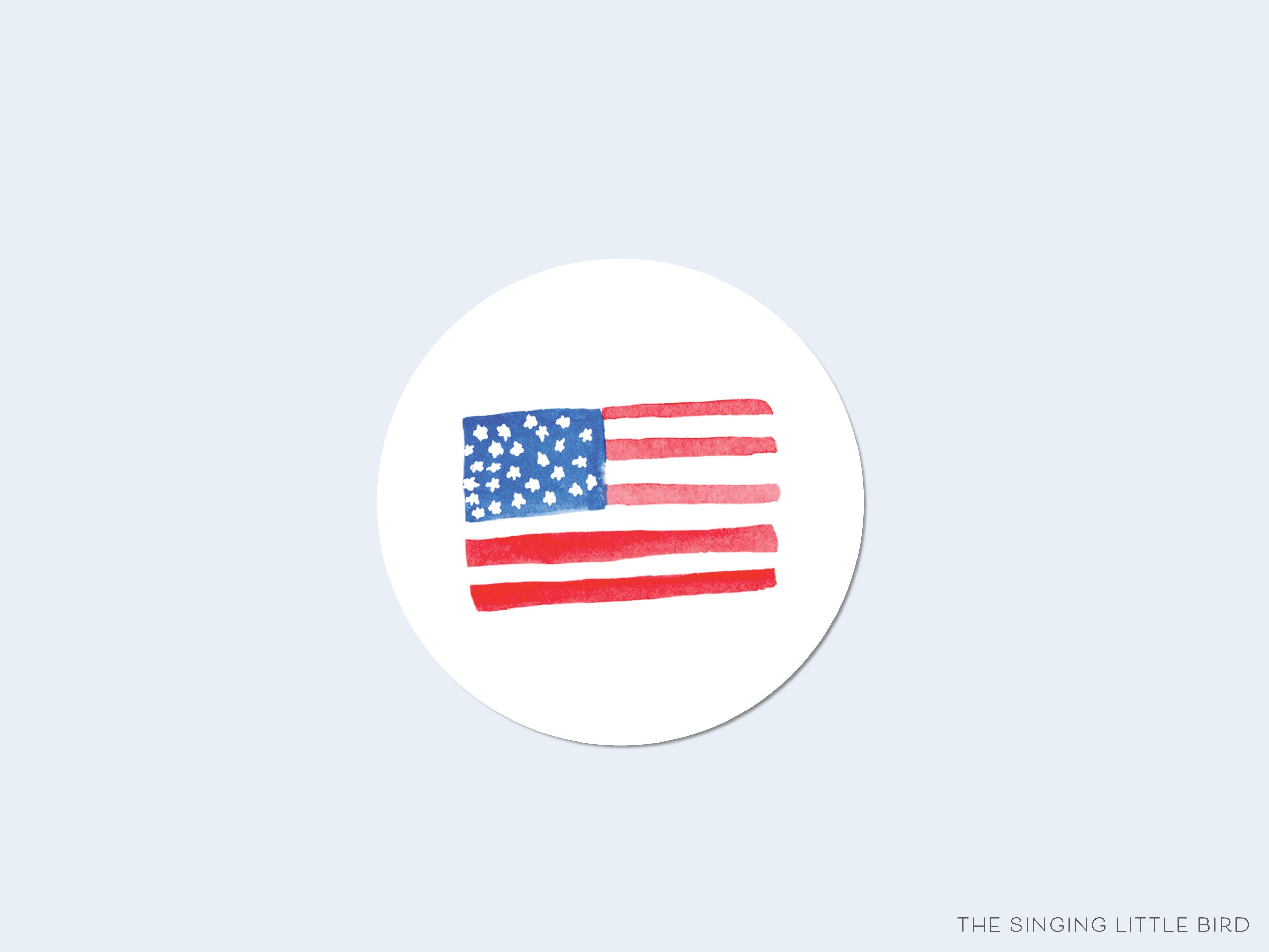 American Flag Round Stickers-These matte round stickers feature our hand-painted watercolor American Flag, making great envelope seals or gifts for the Service Member in your life.-The Singing Little Bird