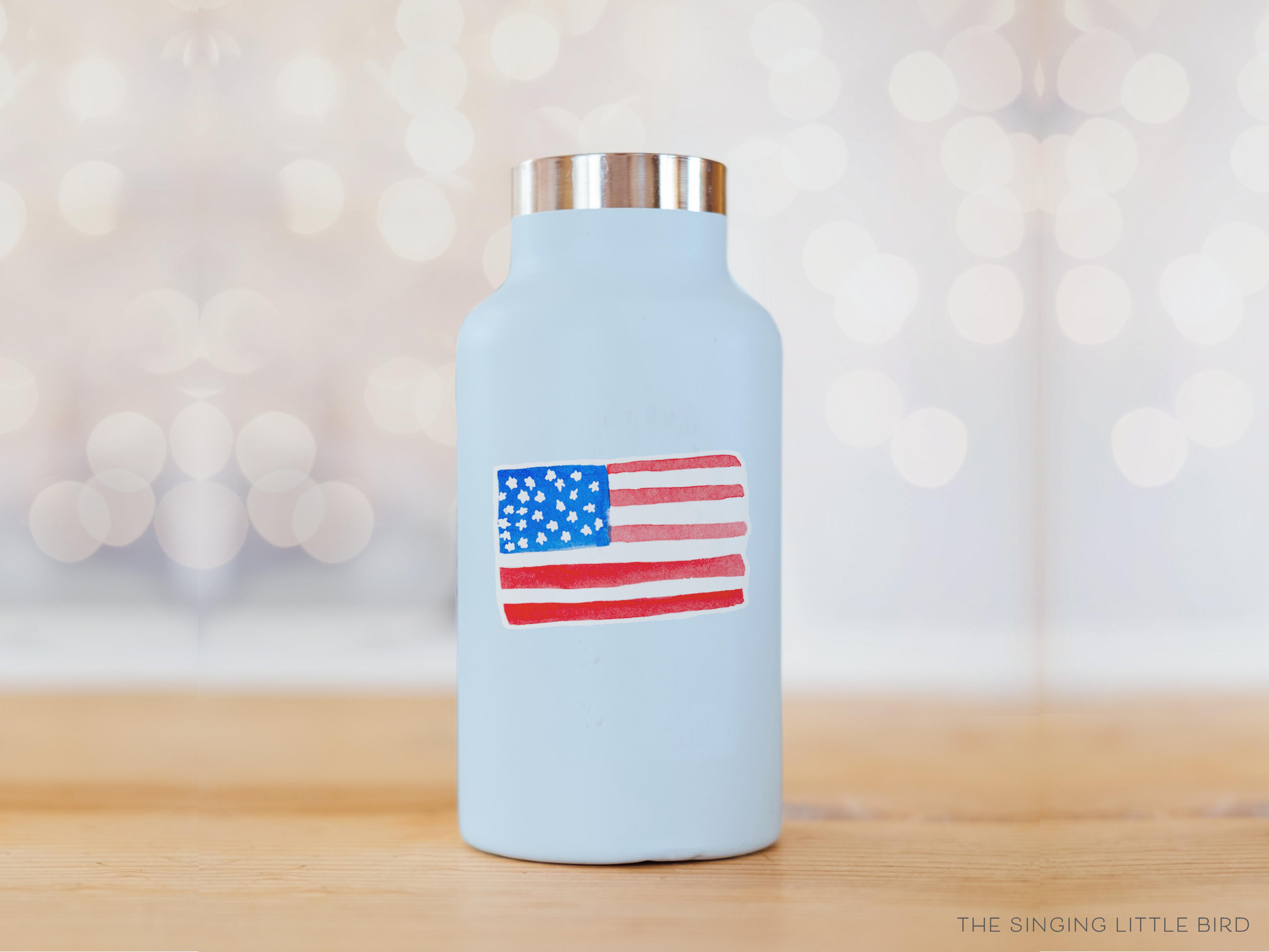 American Flag Vinyl Sticker-These weatherproof die cut stickers feature our hand-painted watercolor American Flag, making great laptop or water bottle stickers or gifts for the red, white, and blue lover in your life.-The Singing Little Bird