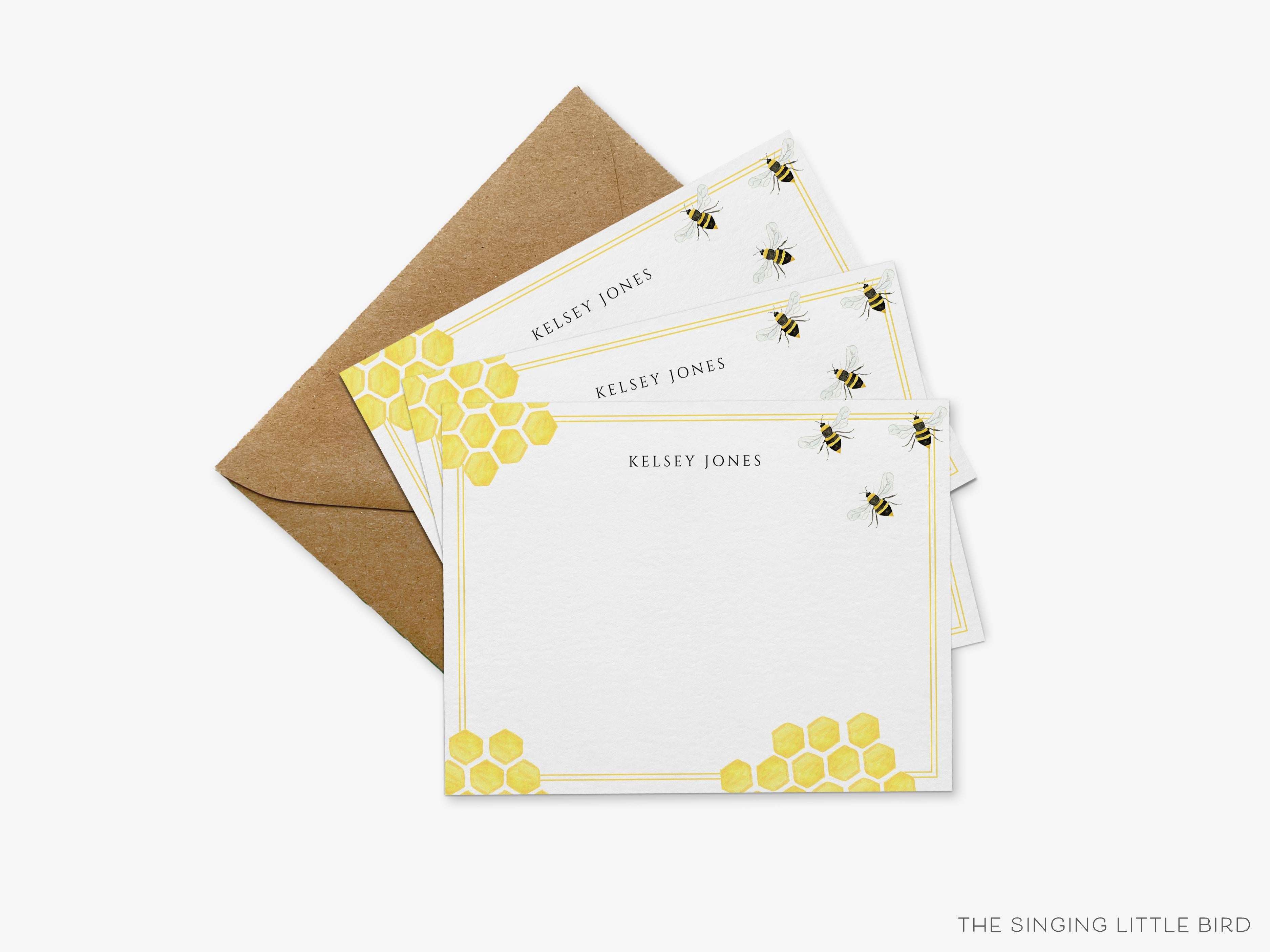 Bee Hive Flat Notes-These personalized flat notecards are 4.25x5.5 and feature our hand-painted watercolor Bee Hive, printed in the USA on 120lb textured stock. They come with your choice of envelopes and make great thank yous and gifts for the bee lover in your life.-The Singing Little Bird