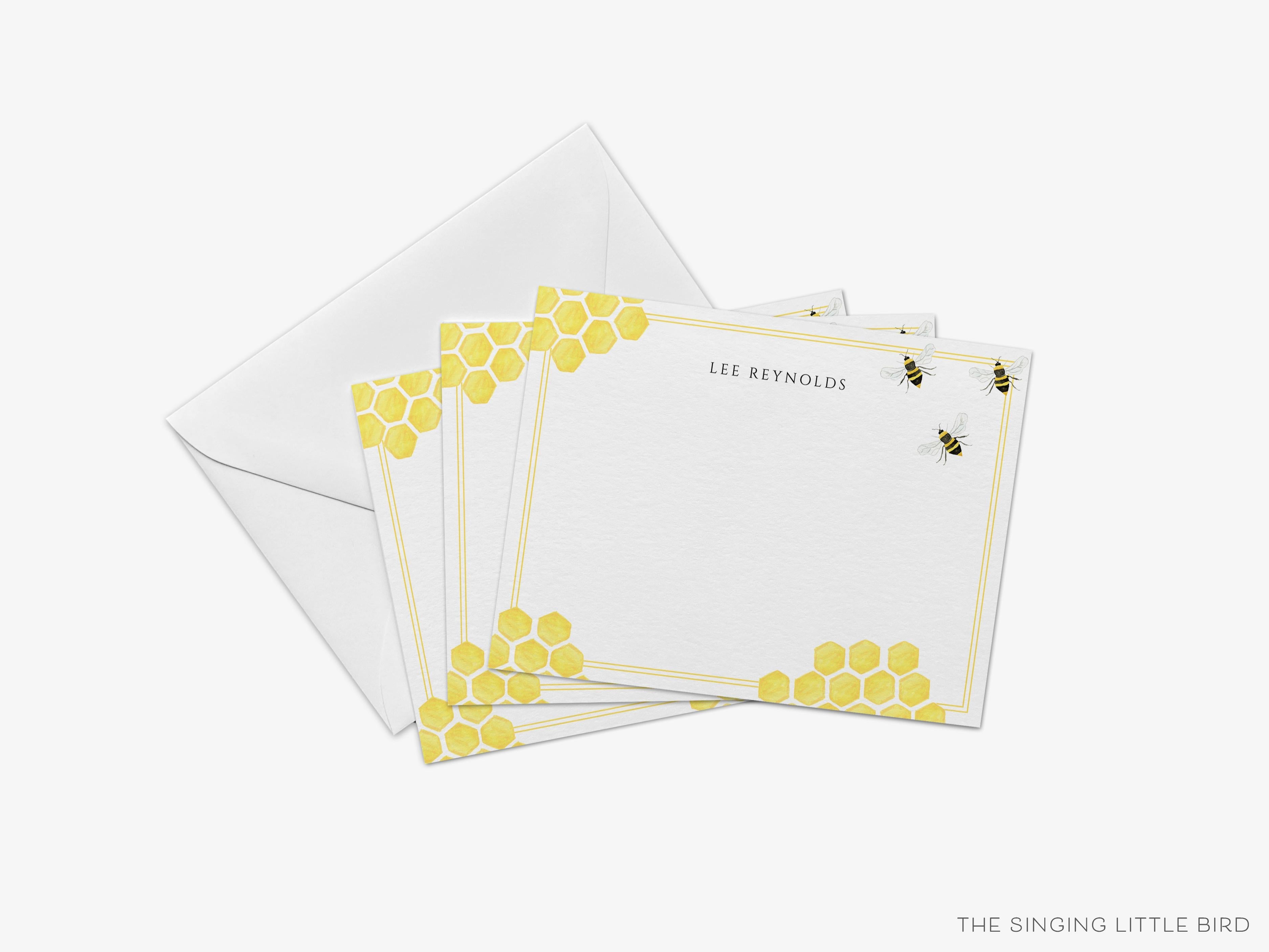 Bee Hive Flat Notes-These personalized flat notecards are 4.25x5.5 and feature our hand-painted watercolor Bee Hive, printed in the USA on 120lb textured stock. They come with your choice of envelopes and make great thank yous and gifts for the bee lover in your life.-The Singing Little Bird