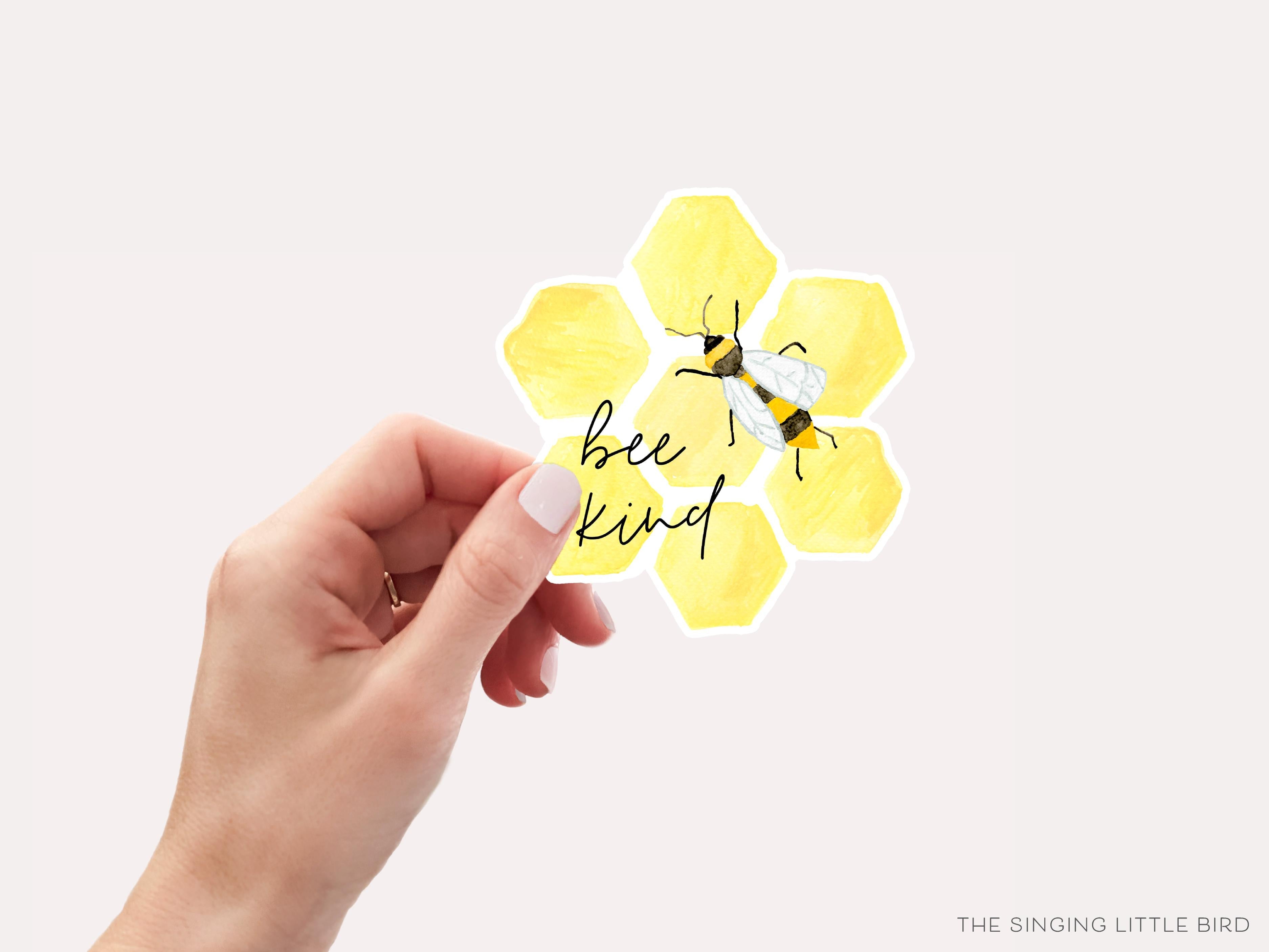 Bee Kind Honeycomb Vinyl Sticker-These weatherproof die cut stickers feature our hand-painted watercolor honeycomb bee, making great laptop or water bottle stickers or gifts for the bee pun lover in your life.-The Singing Little Bird