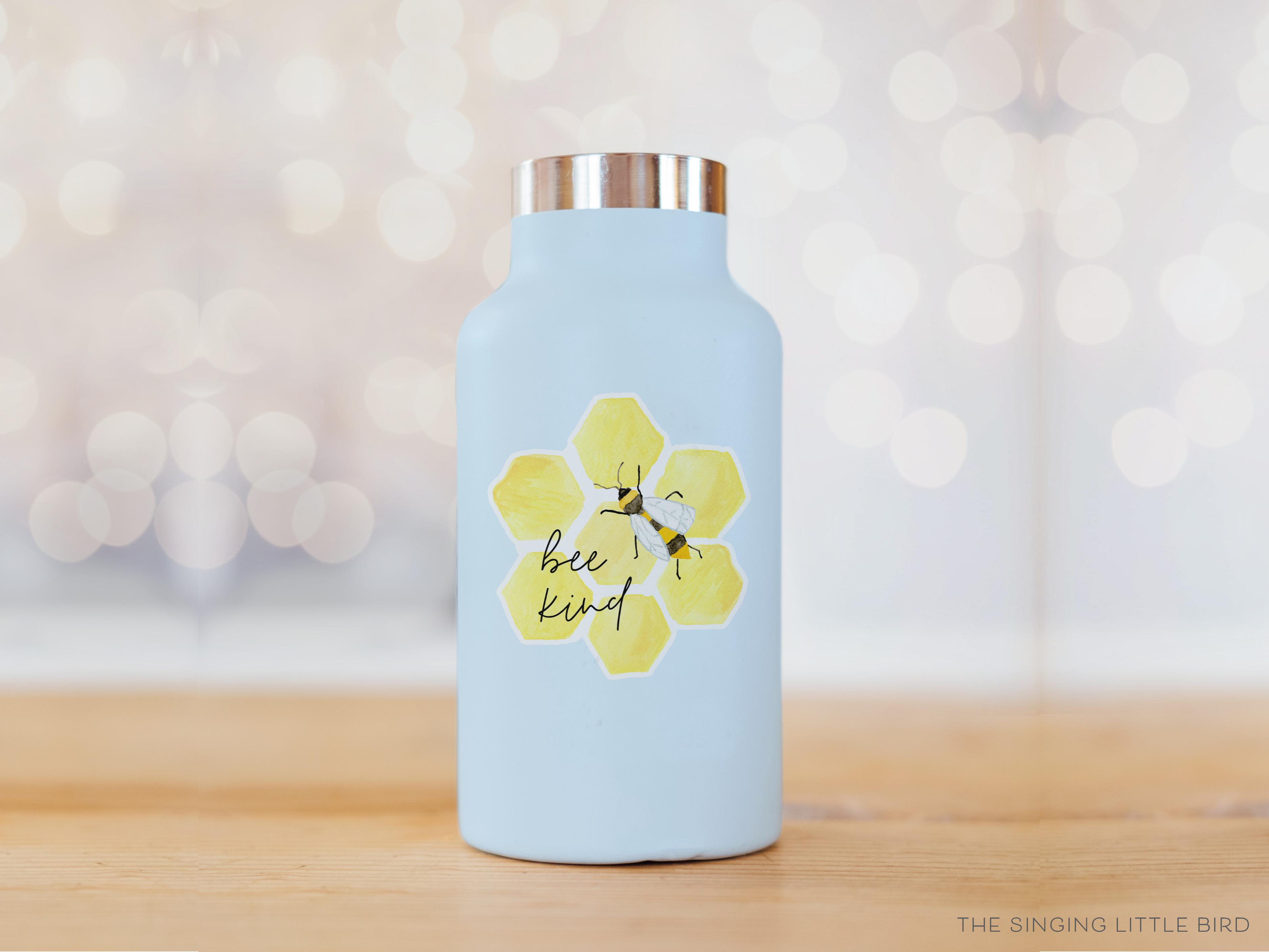 Bee Kind Honeycomb Vinyl Sticker-These weatherproof die cut stickers feature our hand-painted watercolor honeycomb bee, making great laptop or water bottle stickers or gifts for the bee pun lover in your life.-The Singing Little Bird