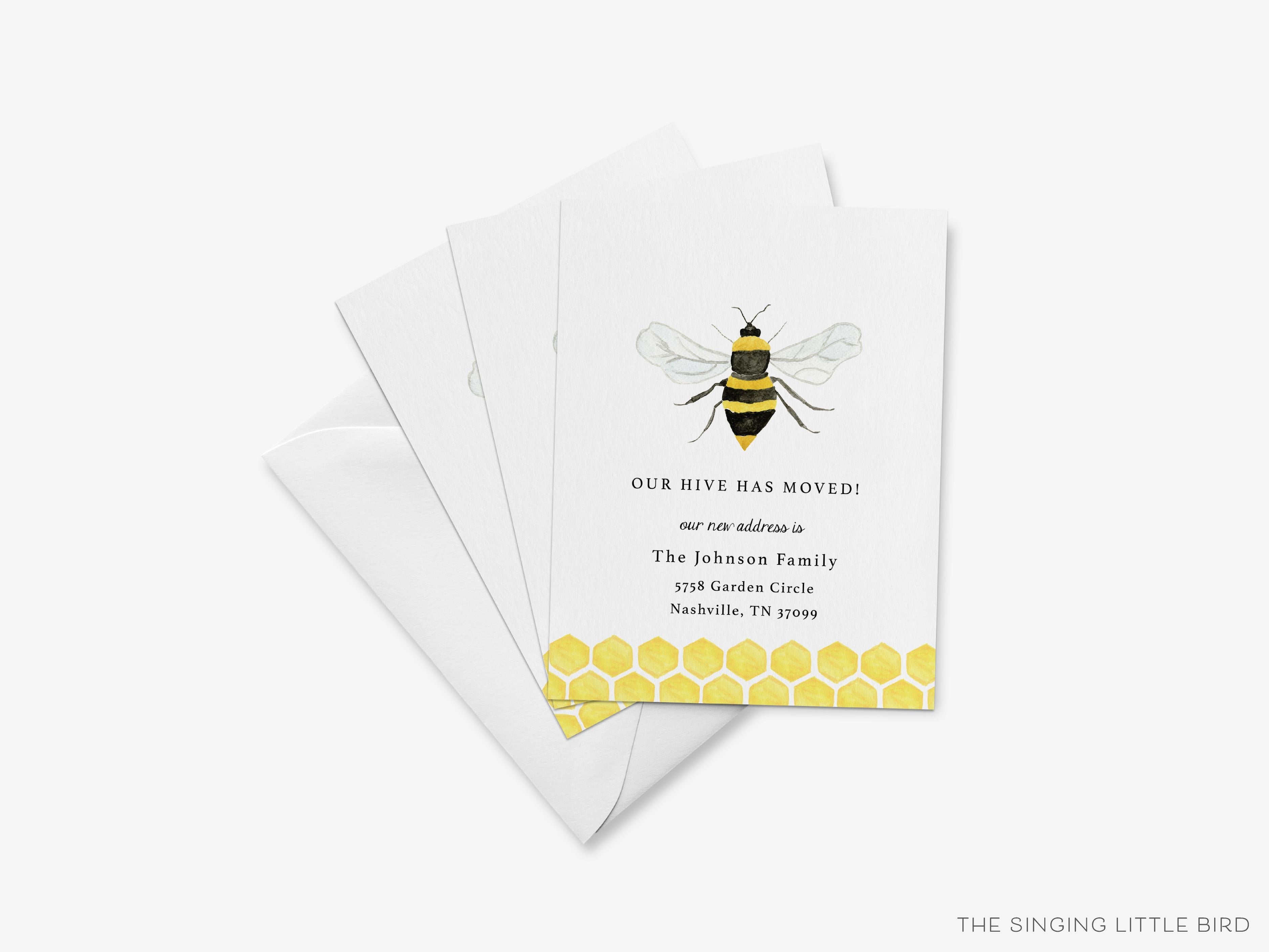Bee Moving Announcement-These personalized flat change of address cards are 4.25x5.5 and feature our hand-painted watercolor Bee, printed in the USA on 120lb textured stock. They come with your choice of envelopes and make great moving announcements for the bee lover.-The Singing Little Bird