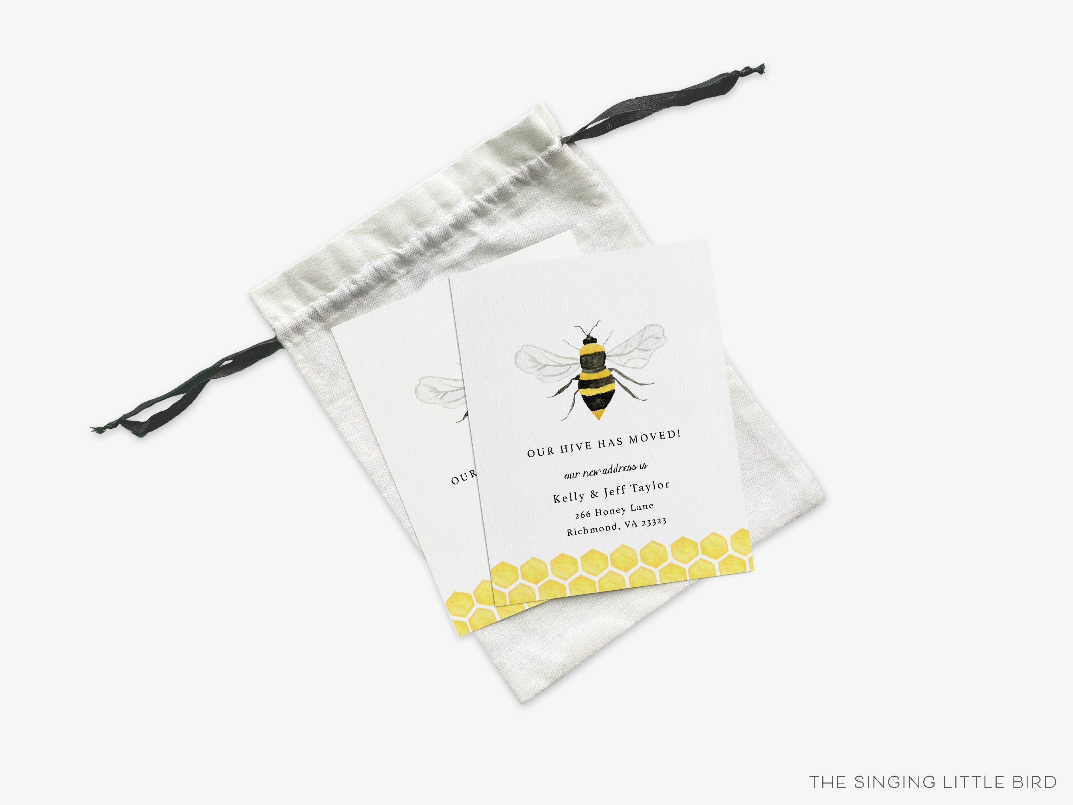 Bee Moving Announcement-These personalized flat change of address cards are 4.25x5.5 and feature our hand-painted watercolor Bee, printed in the USA on 120lb textured stock. They come with your choice of envelopes and make great moving announcements for the bee lover.-The Singing Little Bird