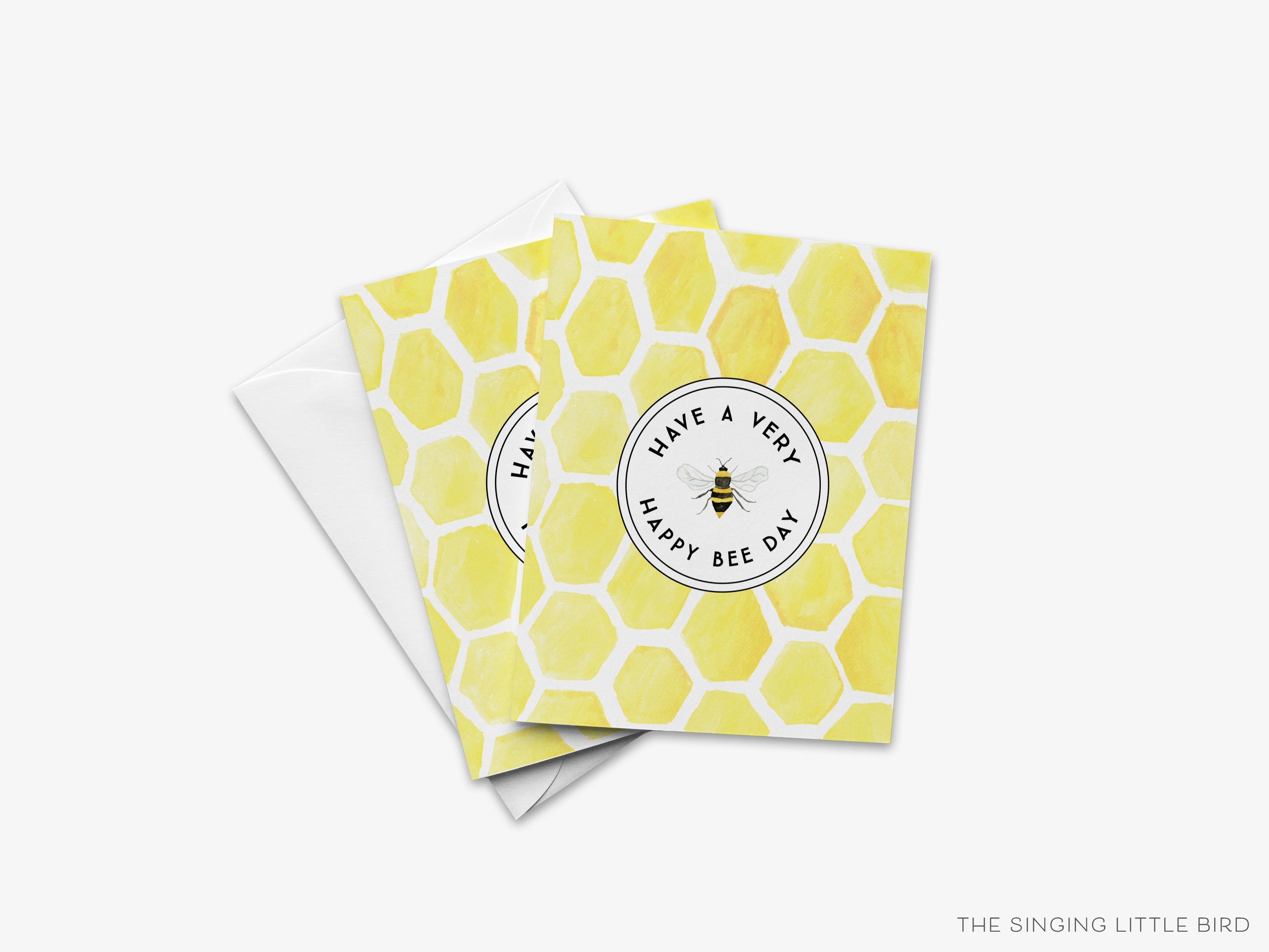 Bee Pun Birthday Card [Have A Very Happy Bee Day]-These folded birthday cards are 4.25x5.5 and feature our hand-painted watercolor bee, printed in the USA on 100lb textured stock. They come with a White envelope and make a great birthday card for the bee pun lover in your life.-The Singing Little Bird
