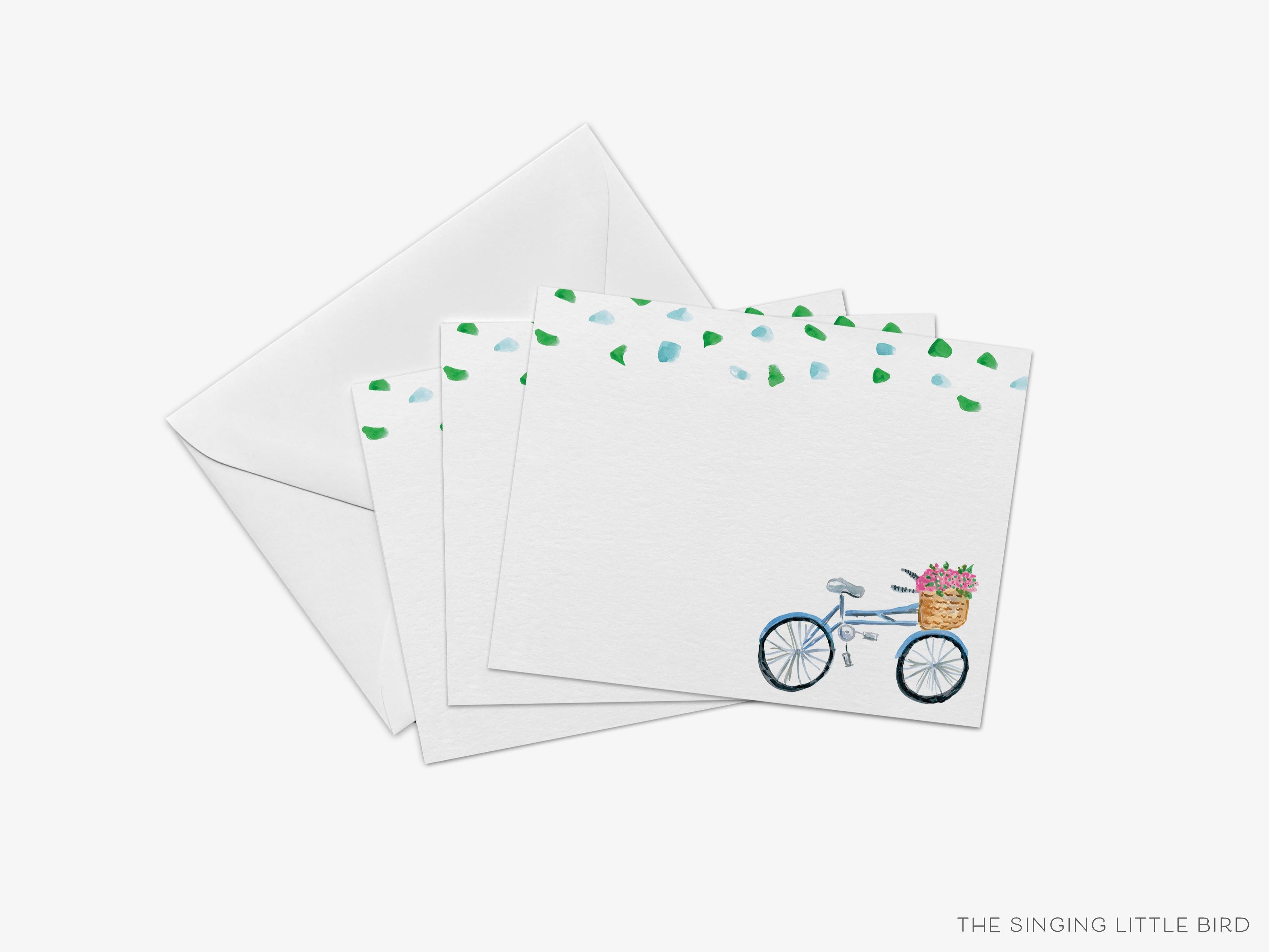 Bicycle Floral Flat Notes [Sets of 8]-These flat notecards are 4.25x5.5 and feature our hand-painted watercolor Bicycle with a basket of flowers, printed in the USA on 120lb textured stock. They come with white envelopes and make great thank yous and gifts for the bike lover in your life.-The Singing Little Bird
