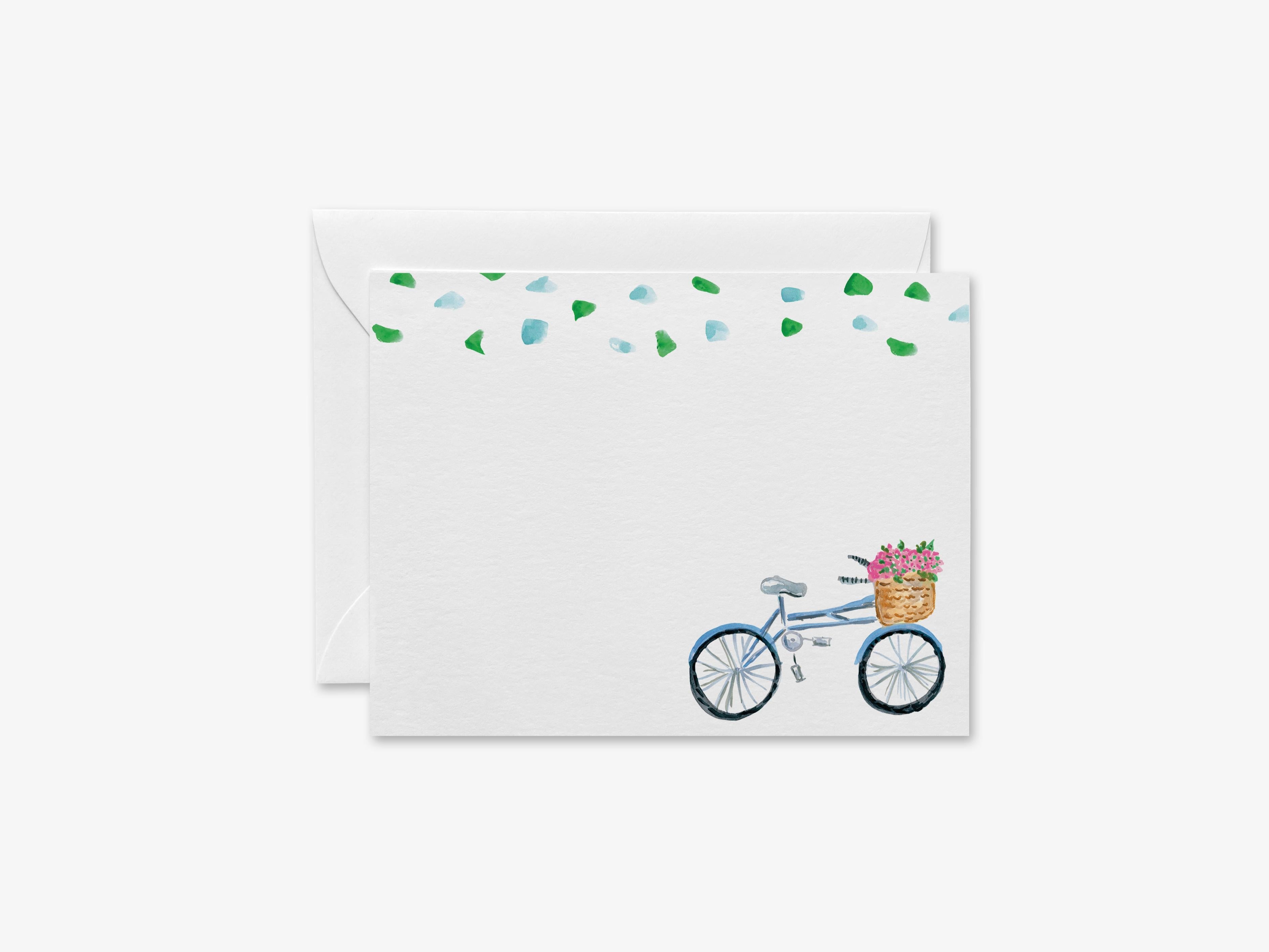 Bicycle Floral Flat Notes [Sets of 8]-These flat notecards are 4.25x5.5 and feature our hand-painted watercolor Bicycle with a basket of flowers, printed in the USA on 120lb textured stock. They come with white envelopes and make great thank yous and gifts for the bike lover in your life.-The Singing Little Bird