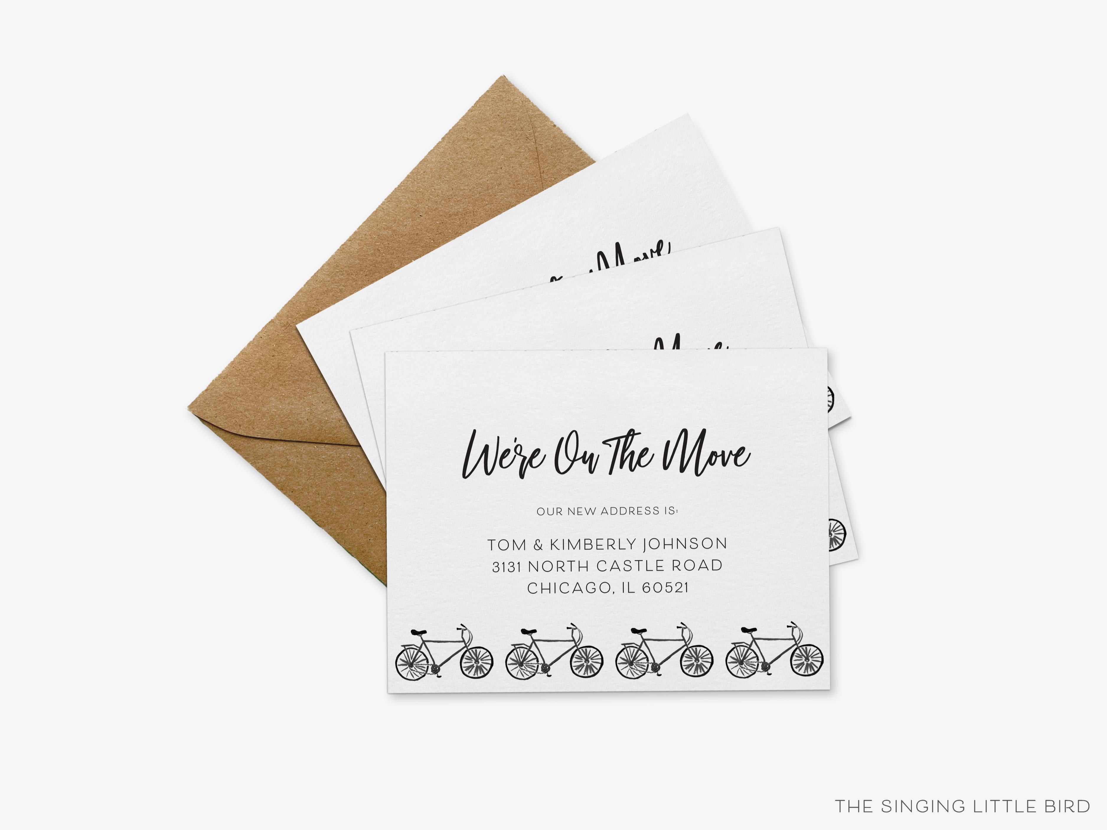 Bicycle Moving Announcement-These personalized flat change of address cards are 4.25x5.5 and feature our hand-painted watercolor Bicycle, printed in the USA on 120lb textured stock. They come with your choice of envelopes and make great moving announcements for the bike lover.-The Singing Little Bird