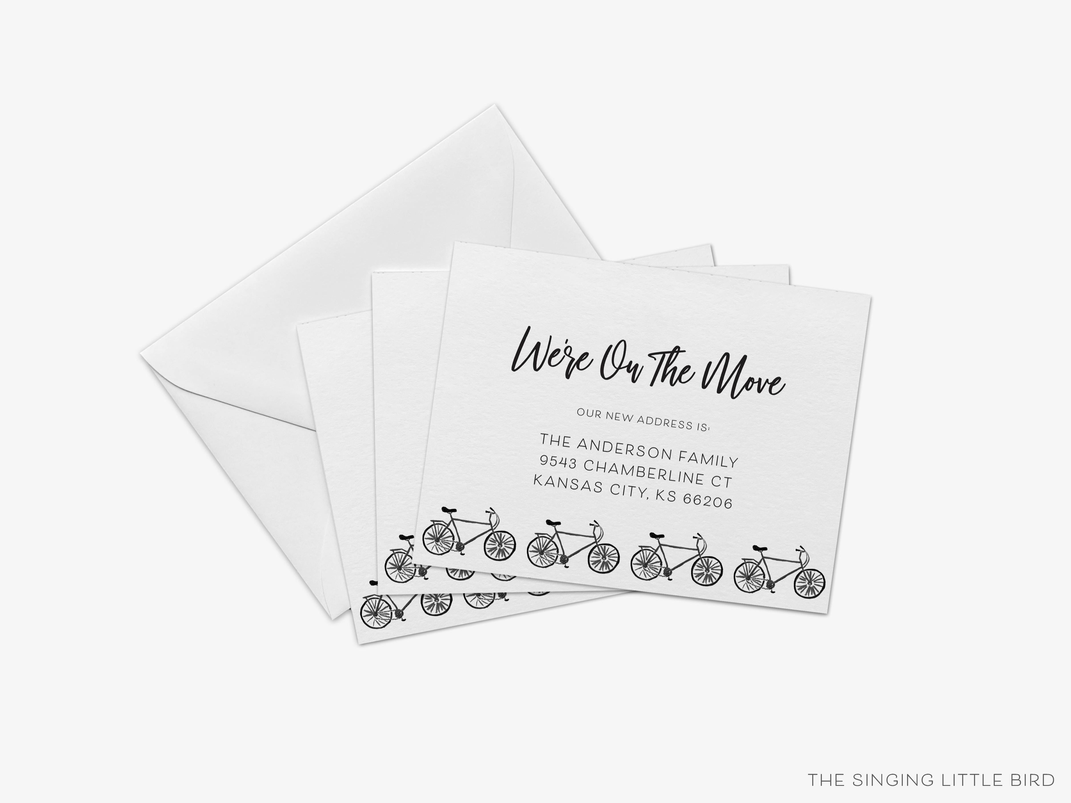 Bicycle Moving Announcement-These personalized flat change of address cards are 4.25x5.5 and feature our hand-painted watercolor Bicycle, printed in the USA on 120lb textured stock. They come with your choice of envelopes and make great moving announcements for the bike lover.-The Singing Little Bird