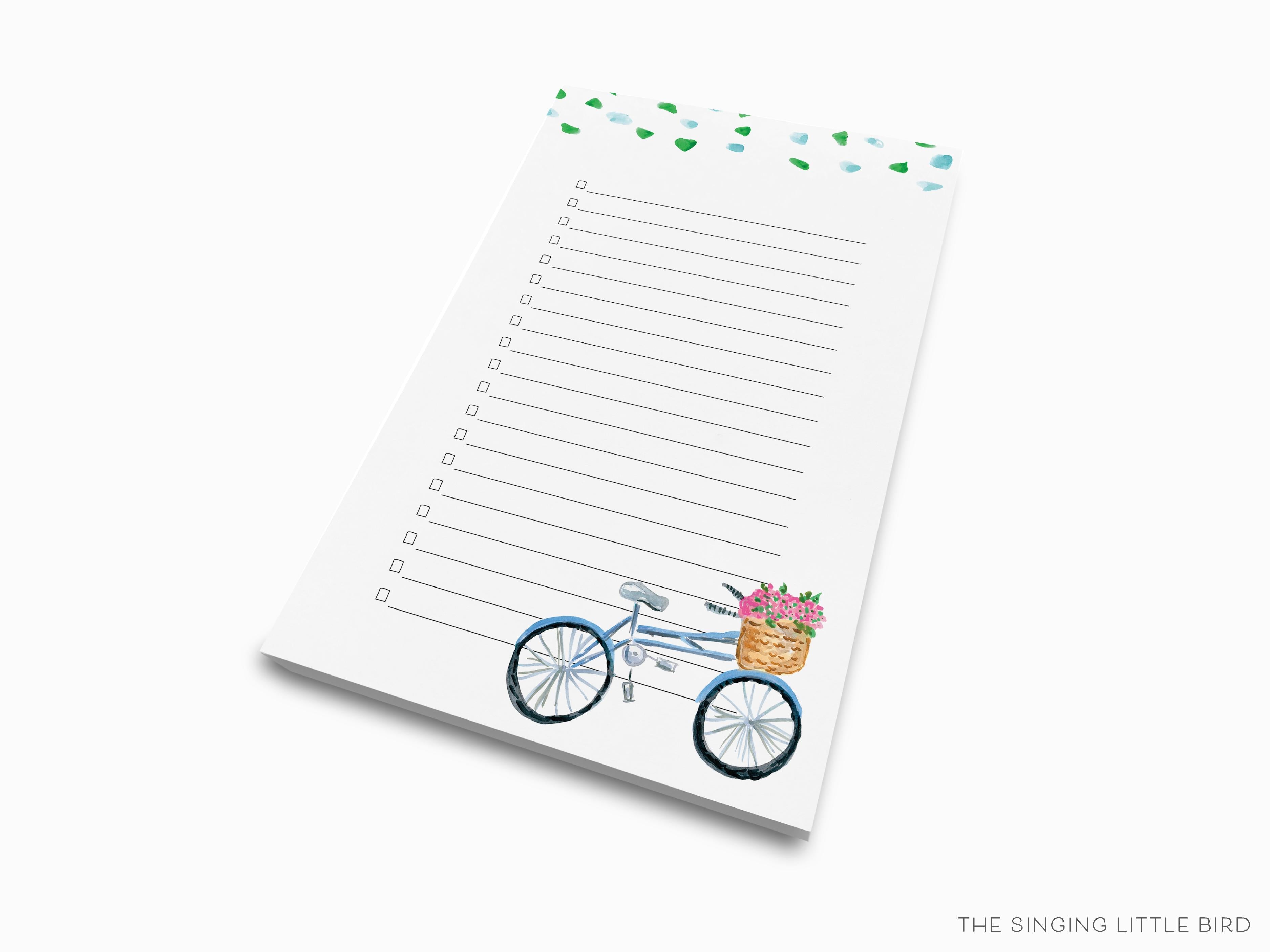 Bicycle with Basket Notepad-These notepads feature our hand-painted watercolor bicycle with flowers in a basket, printed in the USA on a beautiful smooth stock. You choose which size you want (or bundled together for a beautiful gift set) and makes a great gift for the checklist and bike lover in your life.-The Singing Little Bird