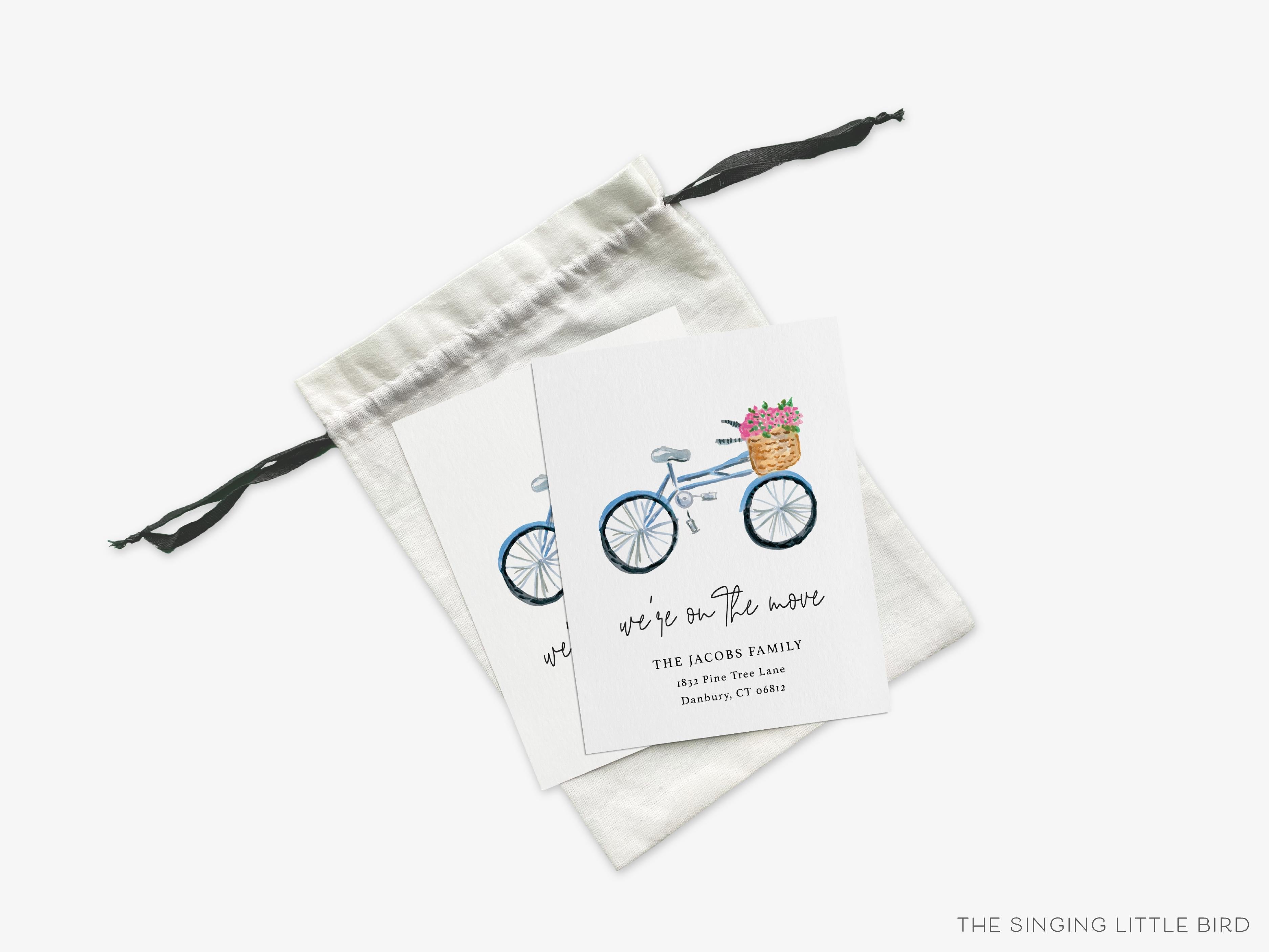 Bicycle with Flowers Moving Announcement-These personalized flat change of address cards are 4.25x5.5 and feature our hand-painted watercolor bicycle with a basket of flowers, printed in the USA on 120lb textured stock. They come with your choice of envelopes and make great moving announcements for the bike lover.-The Singing Little Bird