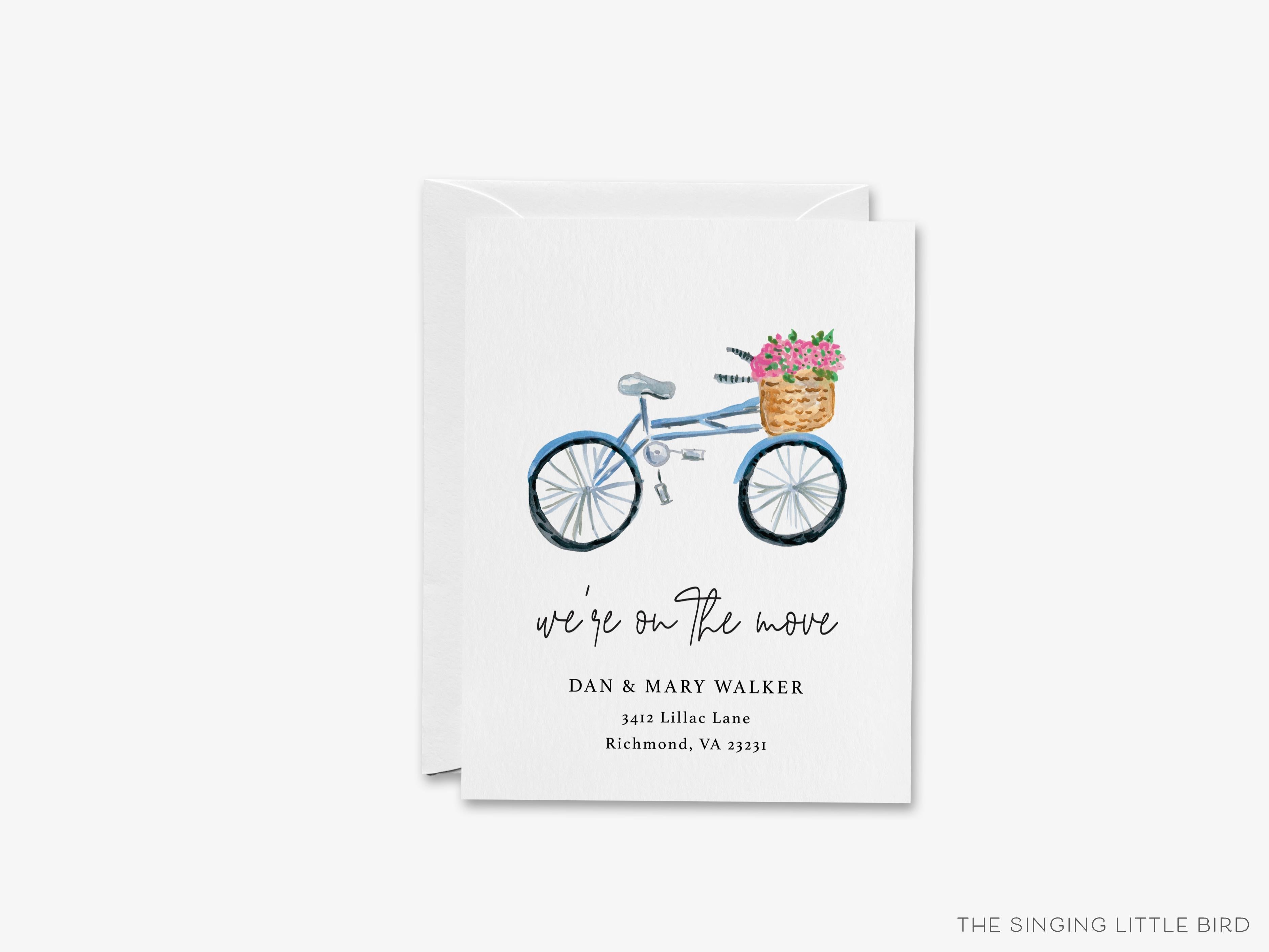 Bicycle with Flowers Moving Announcement-These personalized flat change of address cards are 4.25x5.5 and feature our hand-painted watercolor bicycle with a basket of flowers, printed in the USA on 120lb textured stock. They come with your choice of envelopes and make great moving announcements for the bike lover.-The Singing Little Bird