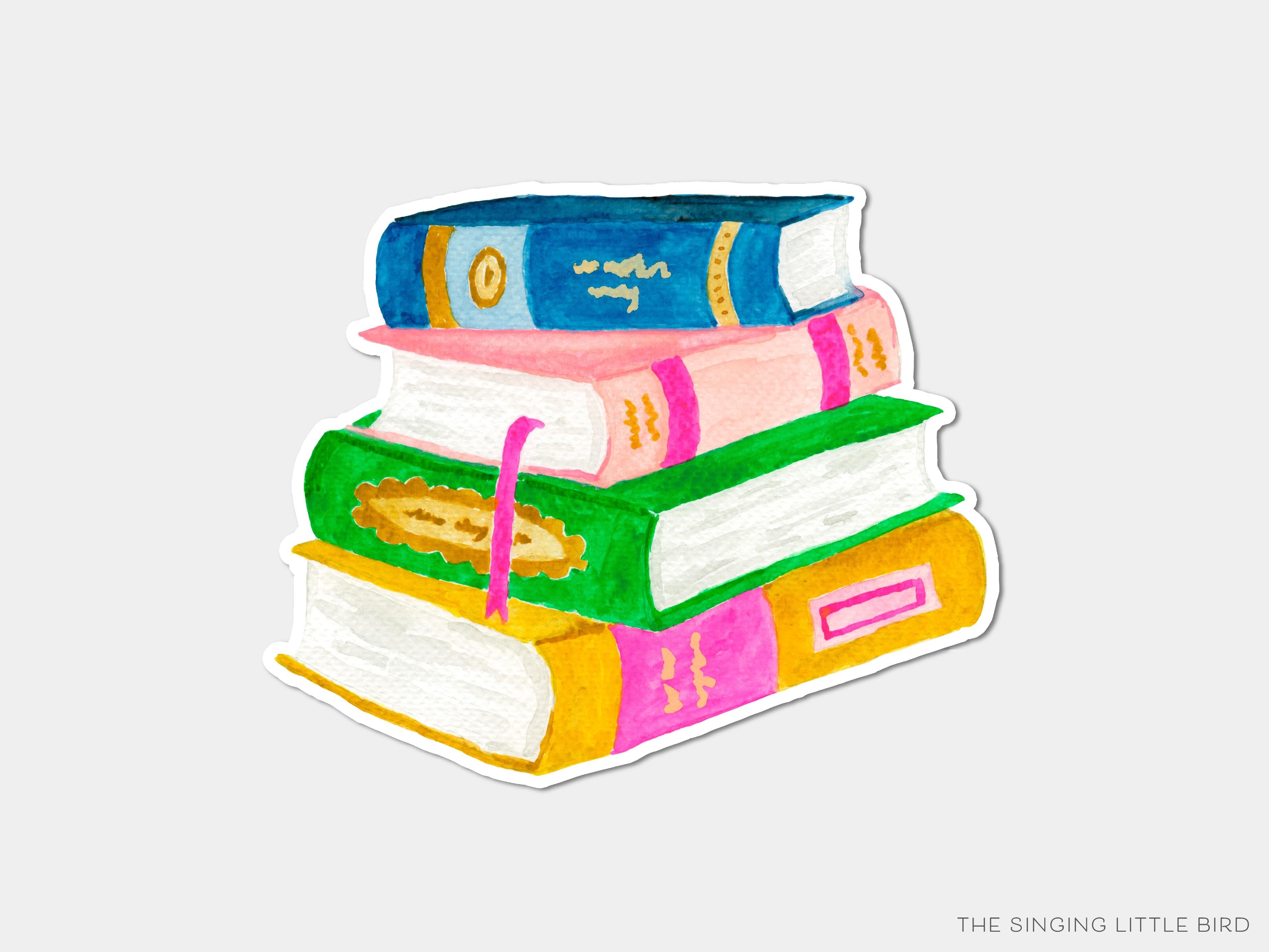 Book Stack Vinyl Sticker-These weatherproof die cut stickers feature our hand-painted watercolor book stack, making great laptop or water bottle stickers or gifts for the book lover in your life.-The Singing Little Bird