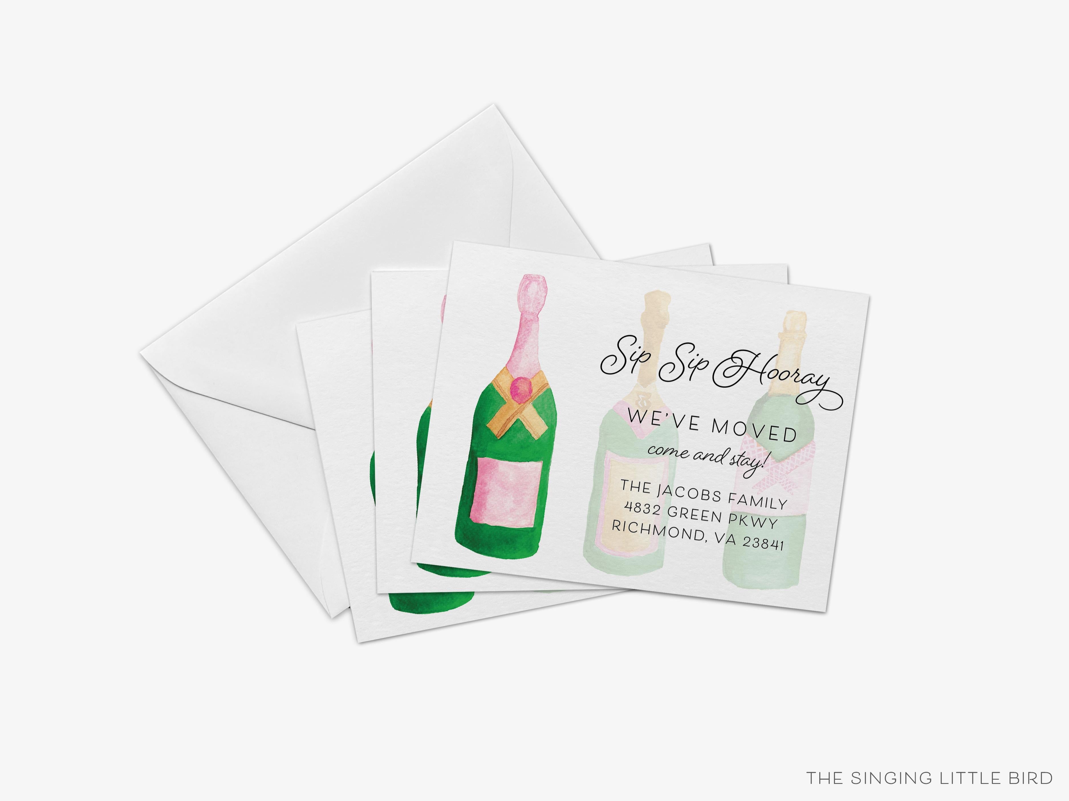 Champagne Bottle Moving Announcement-These personalized flat change of address cards are 4.25x5.5 and feature our hand-painted watercolor Champagne bottles, printed in the USA on 120lb textured stock. They come with your choice of envelopes and make great moving announcements for the sip sip hooray lover.-The Singing Little Bird