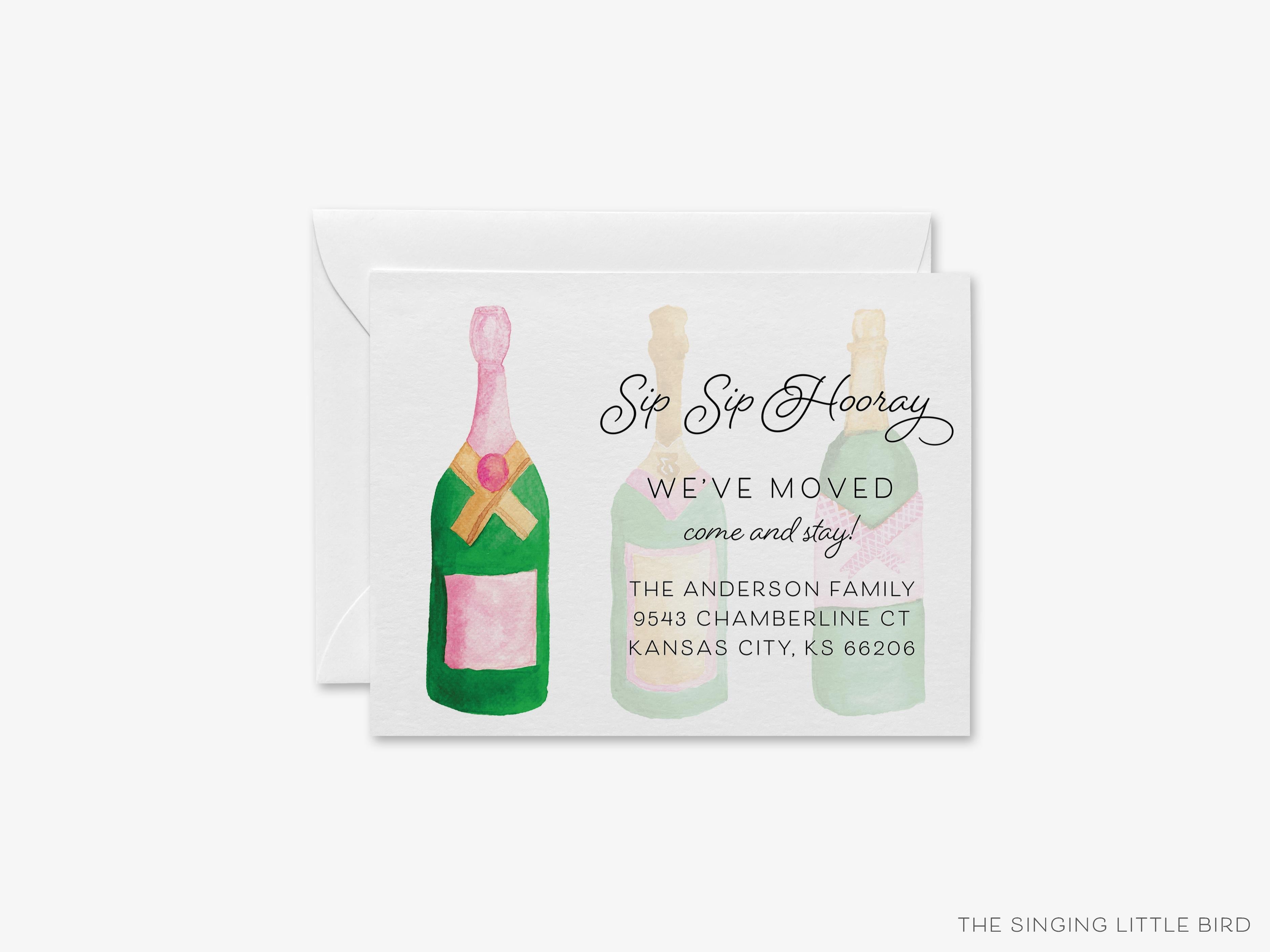 Champagne Bottle Moving Announcement-These personalized flat change of address cards are 4.25x5.5 and feature our hand-painted watercolor Champagne bottles, printed in the USA on 120lb textured stock. They come with your choice of envelopes and make great moving announcements for the sip sip hooray lover.-The Singing Little Bird