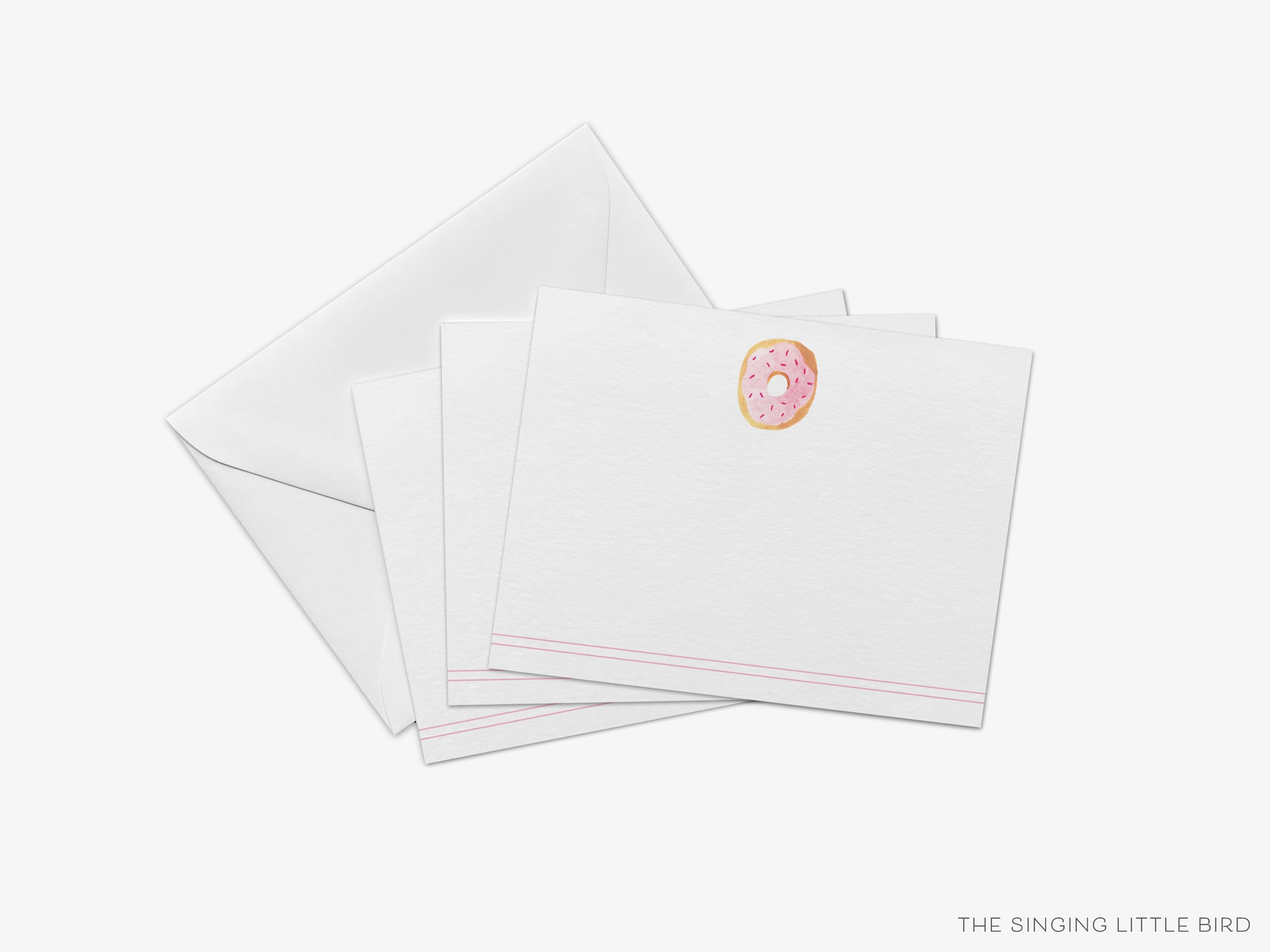 Donut Flat Notes [Sets of 8]-These flat notecards are 4.25x5.5 and feature our hand-painted watercolor donut, printed in the USA on 120lb textured stock. They come with white envelopes and make great thank yous and gifts for the donut lover in your life.-The Singing Little Bird