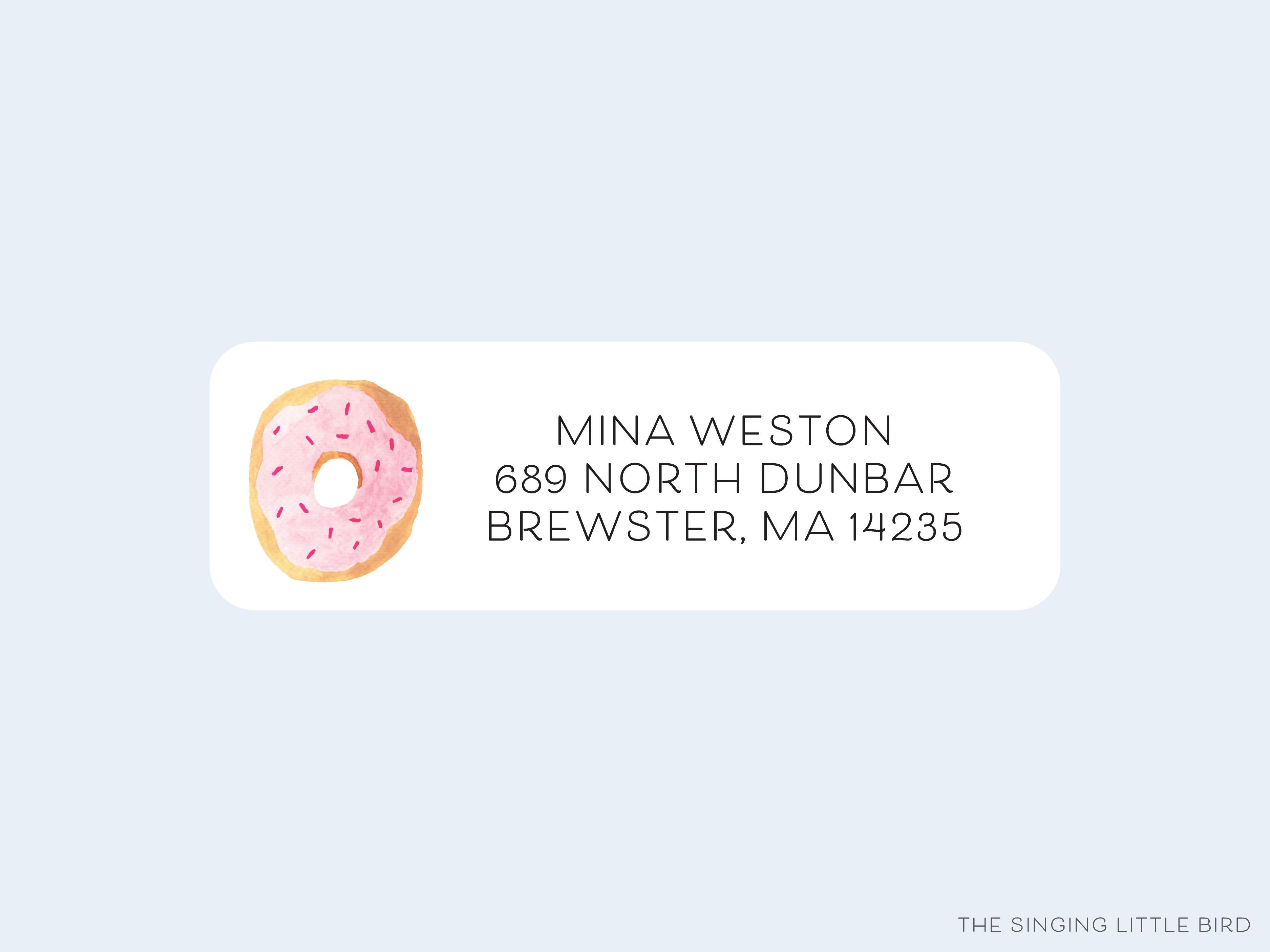 Donut Return Address Labels- These personalized return address labels are 2.625" x 1" and feature our hand-painted watercolor donut, printed in the USA on beautiful matte finish labels. These make great gifts for yourself or the sweet tooth lover. -The Singing Little Bird