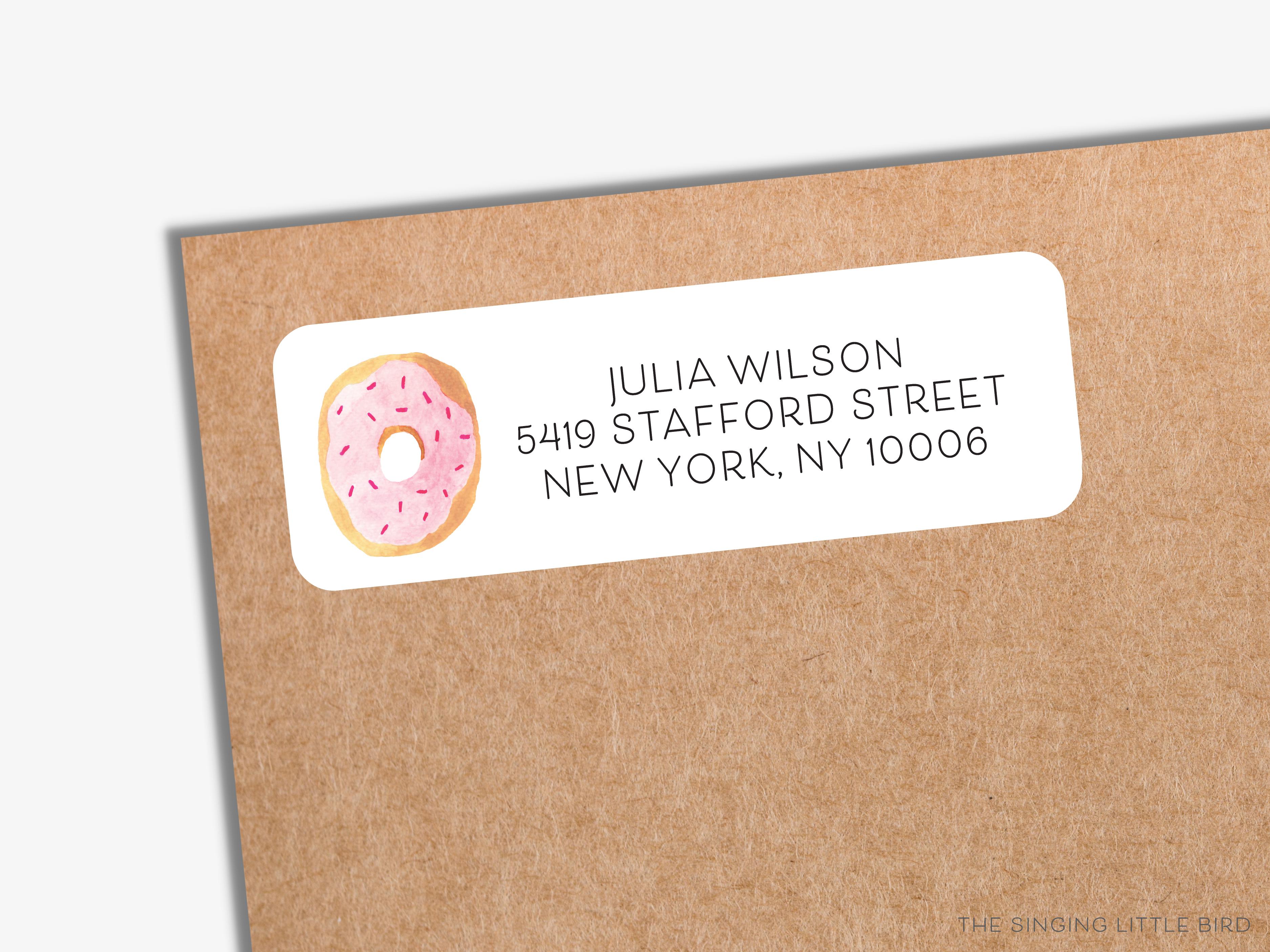 Donut Return Address Labels- These personalized return address labels are 2.625" x 1" and feature our hand-painted watercolor donut, printed in the USA on beautiful matte finish labels. These make great gifts for yourself or the sweet tooth lover. -The Singing Little Bird