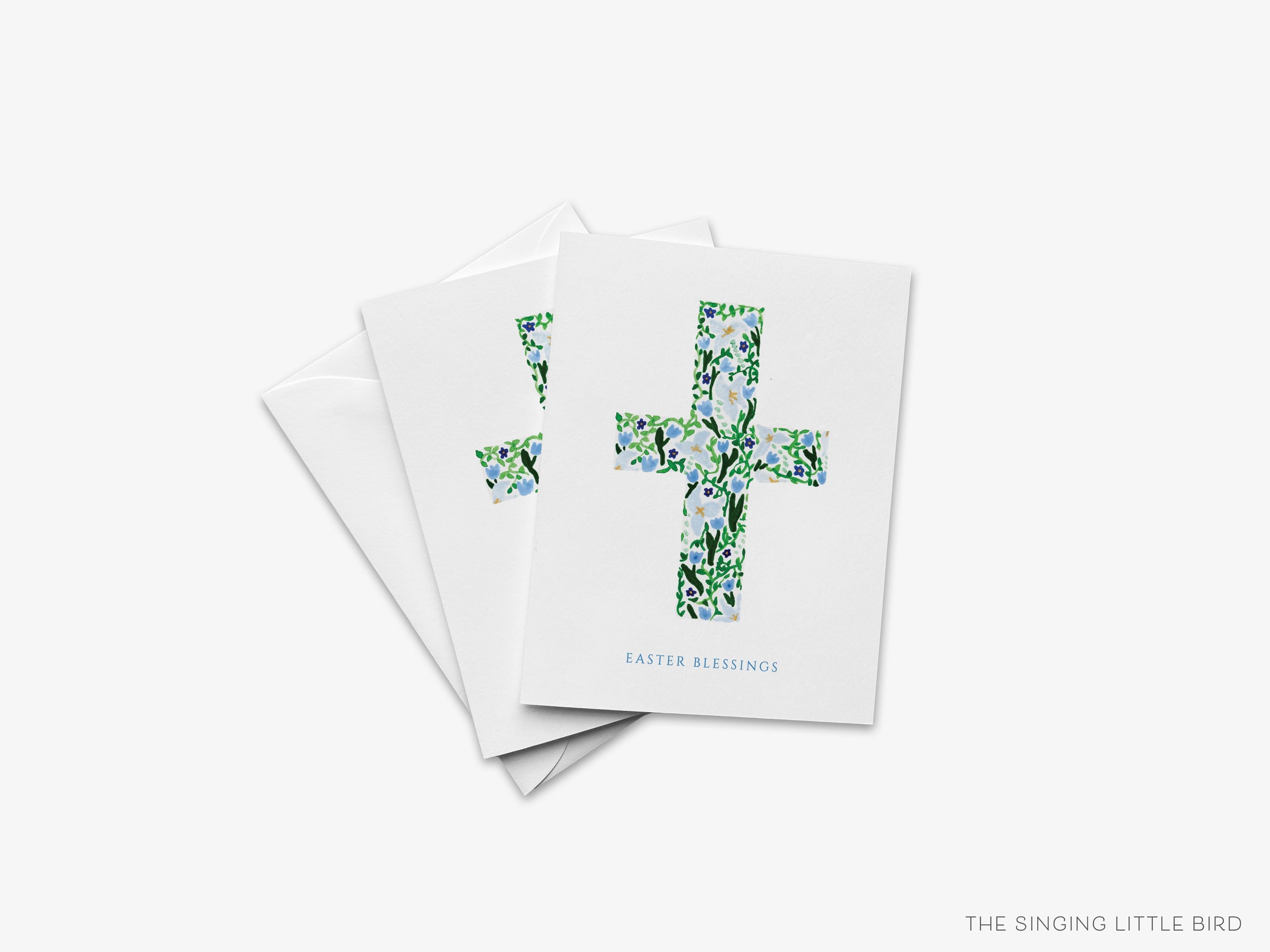 Easter Blessings Greeting Card-These folded spring cards are 4.25x5.5 and feature our hand-painted watercolor Easter Cross, printed in the USA on 100lb textured stock. They come with a White envelope and make a lovely floral card to celebrate Easter.-The Singing Little Bird